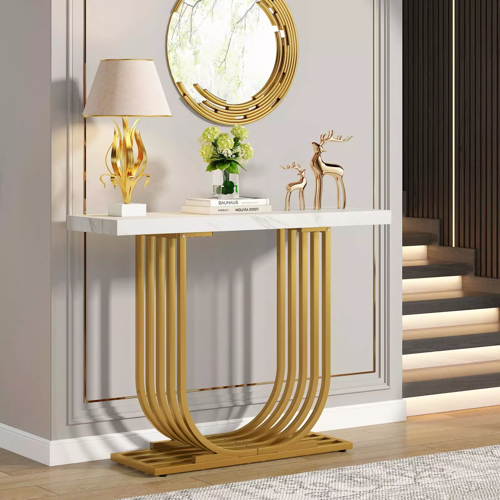 Tribesigns Modern Gold Console Table 39.37 Inch Faux Marble Entryway Sofa Table White Gold Console