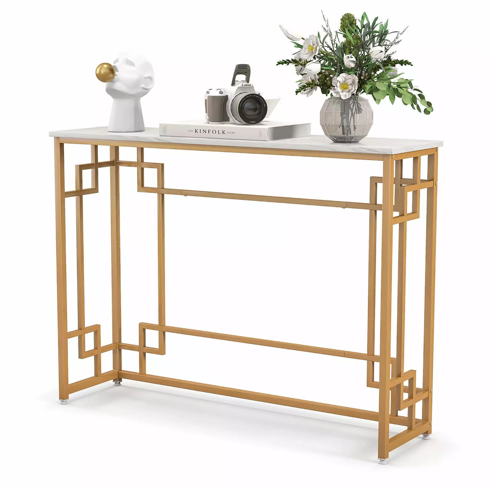 Gymax Modern Console Table Geometric Golden Frame Narrow Entryway Table Console