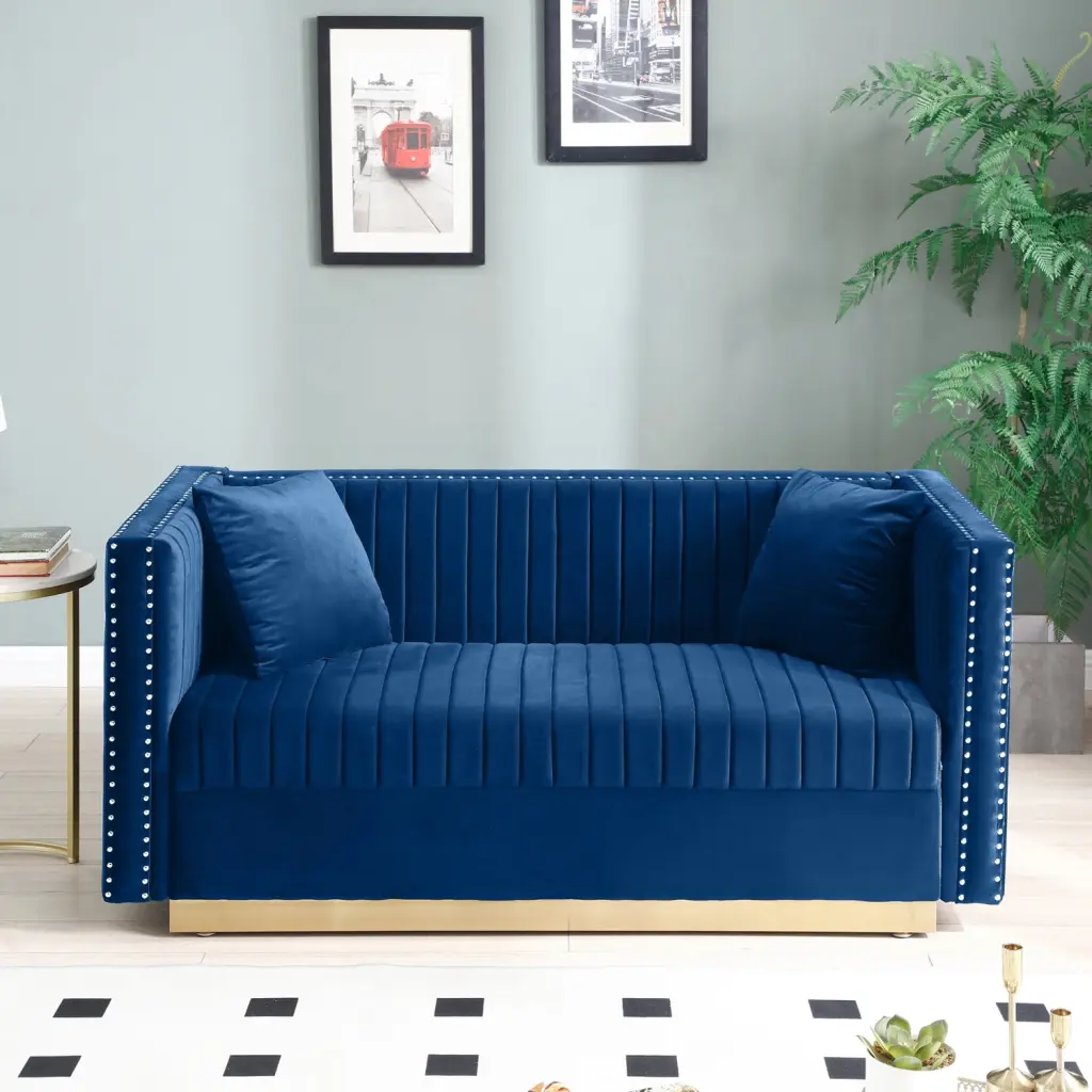 DeeHome Contemporary Vertical Channel Tufted Velvet Sofa Loveseat Modern 2-Seater Couch Pillows - Blue