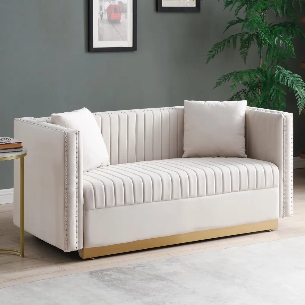 DeeHome Contemporary Vertical Channel Tufted Velvet Sofa Loveseat Modern 2-Seater Couch Pillows - Beige