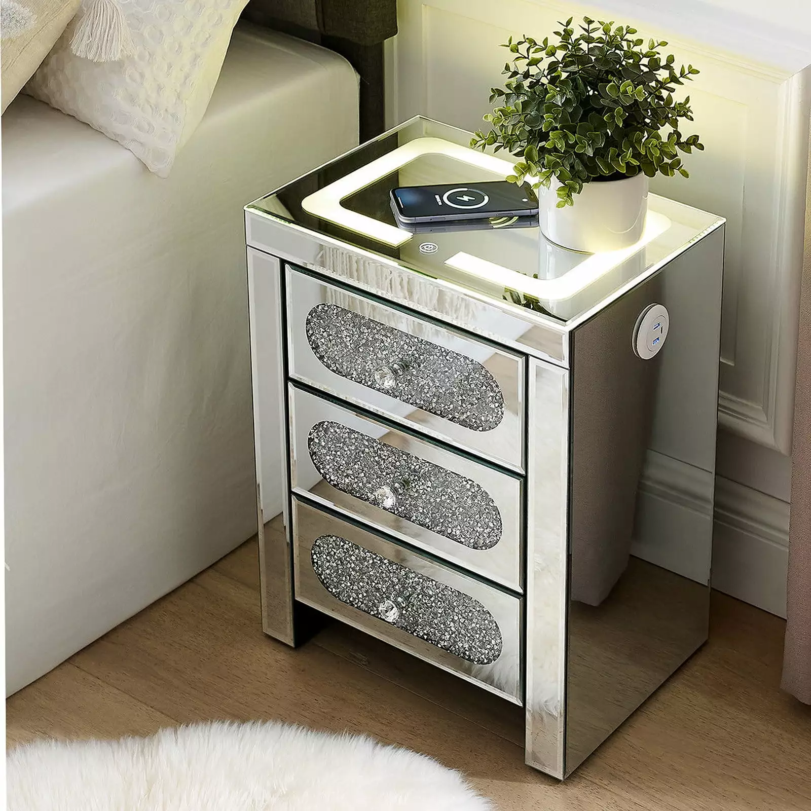 COSVALVE 3 Drawers Mirrored Nightstand Wireless Charging Station and LED Lights