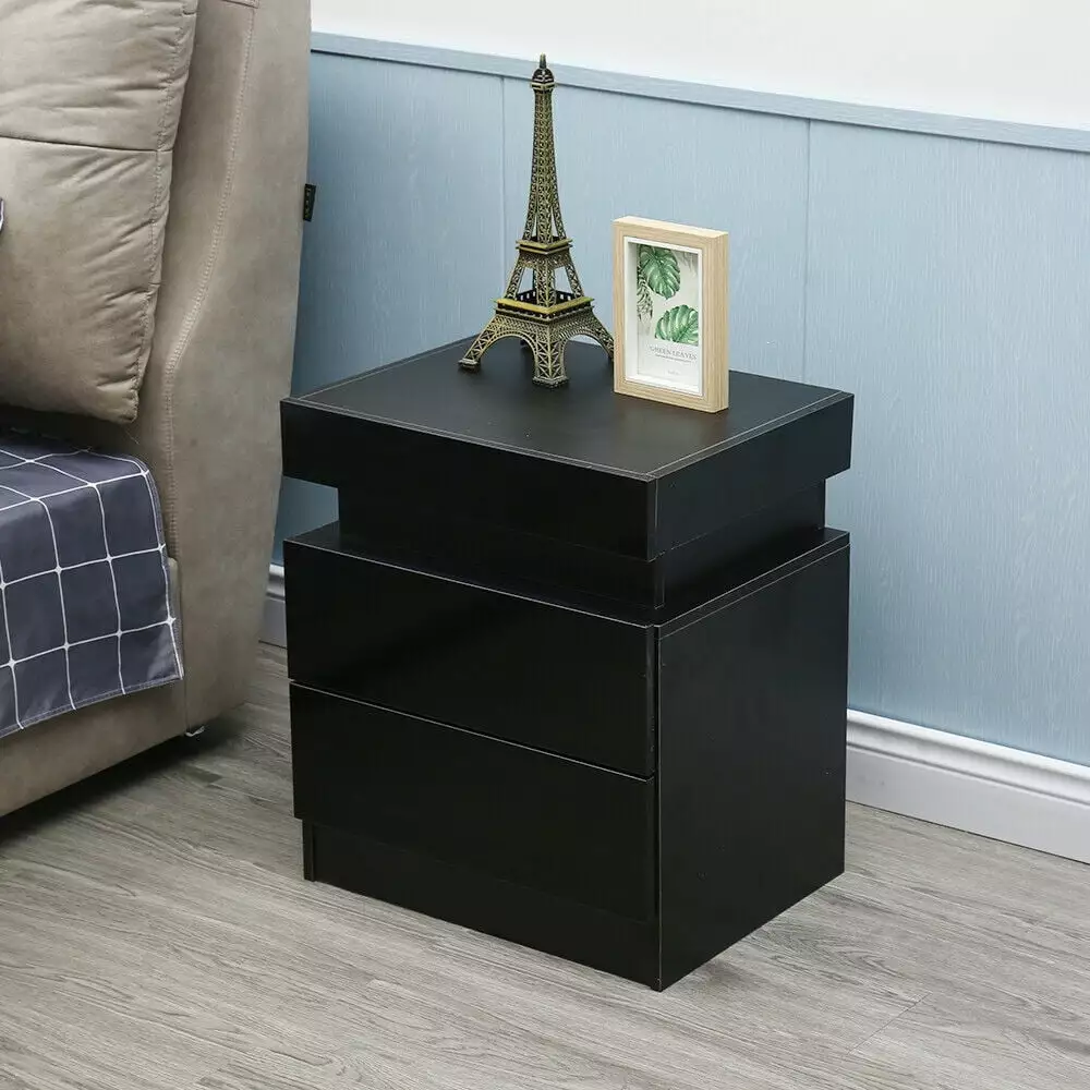 DENEST Nightstand High Gloss Modern Design End Table 2 Drawers Black