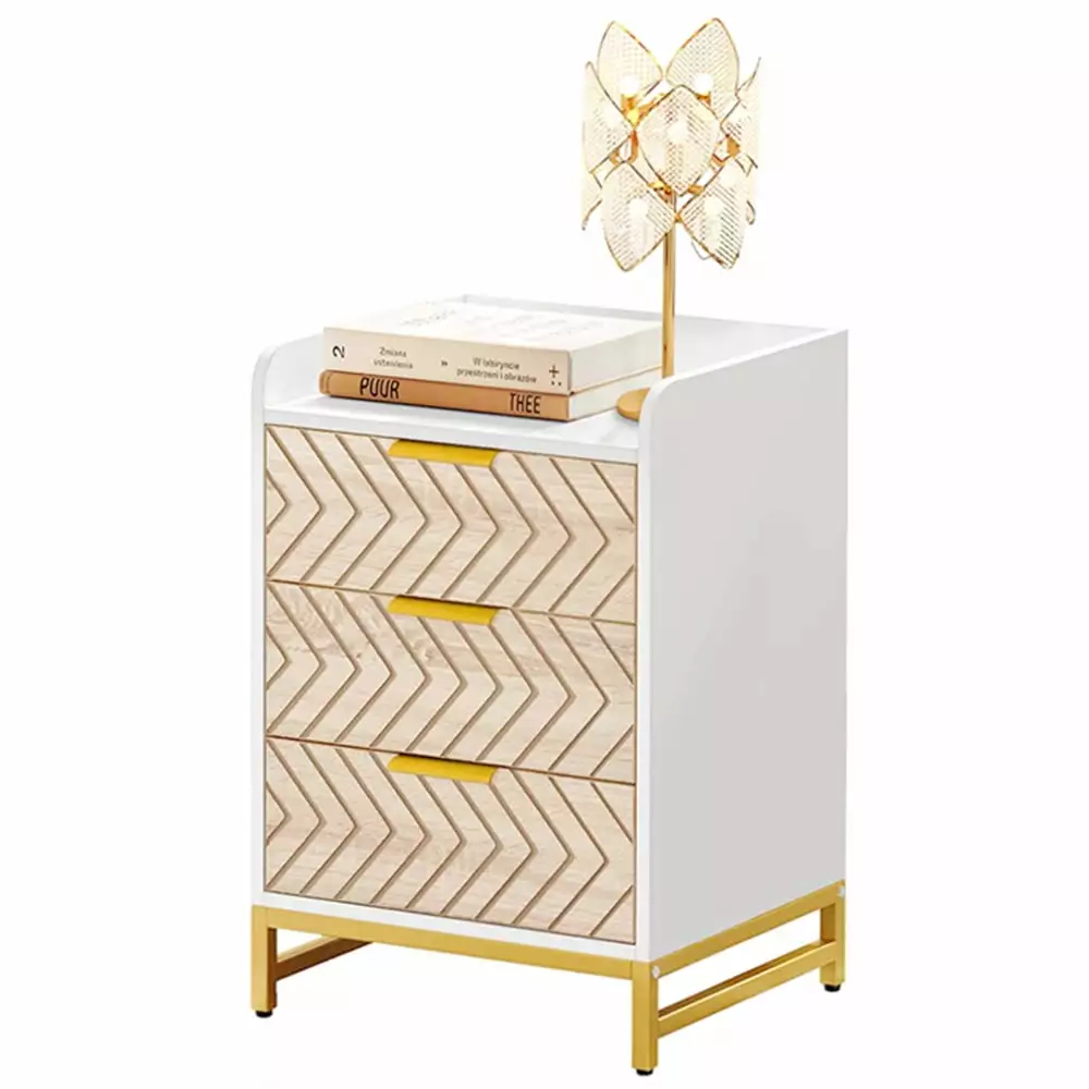 DEXTRUS Side Table 3 Drawers Modern Bedside End Table Nightstand Gold Metal Legs White and Gold