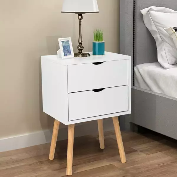 Fithood 40x30x60cm Simple Modern White Cabinet Wood Color Legs Two Drawers Bedside Table