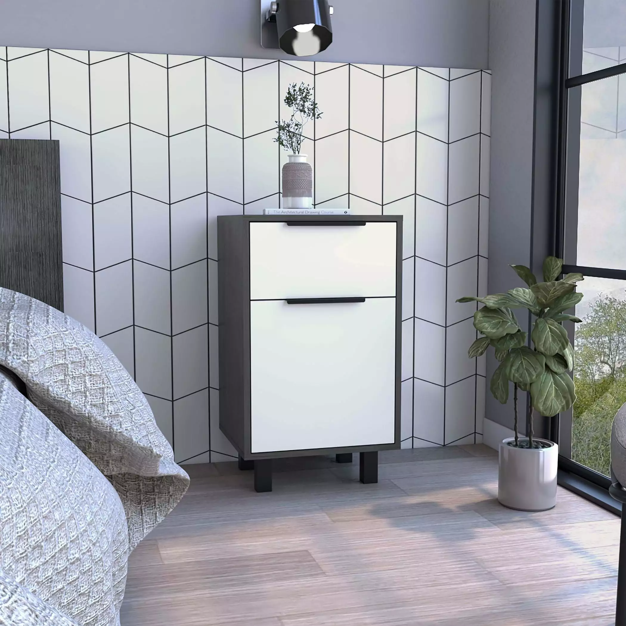 Modern Nightstand 2 Drawers PU Leather and Hardware Legs Grey Bedside Cabinet OMCCHK