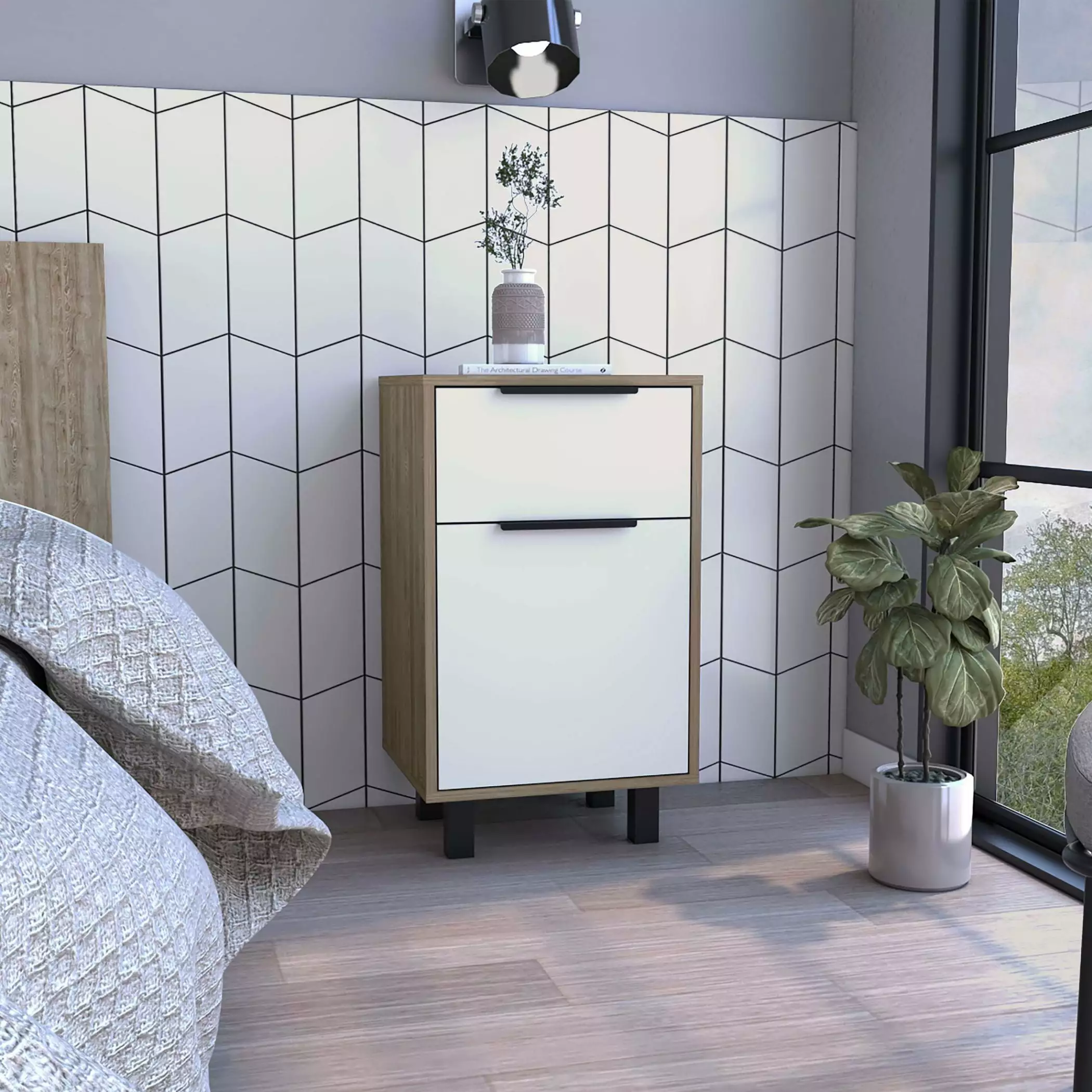 Modern Nightstand 2 Drawers PU Leather and Hardware Legs Beige Bedside Cabinet OMCCHK