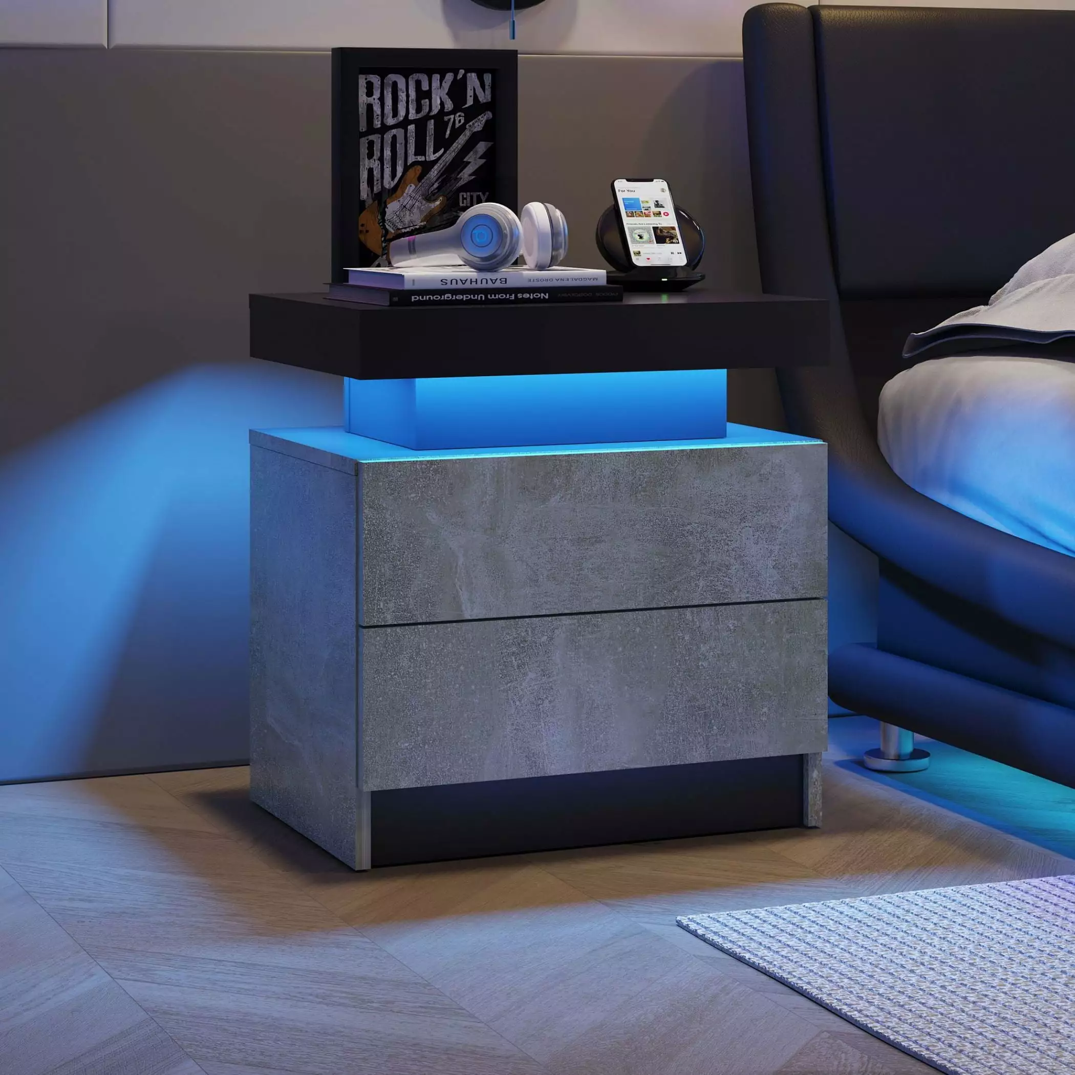 Modern Nightstand 2 Drawers PU Leather and Hardware Legs Light Gray Bedside Cabinet OMCCHK