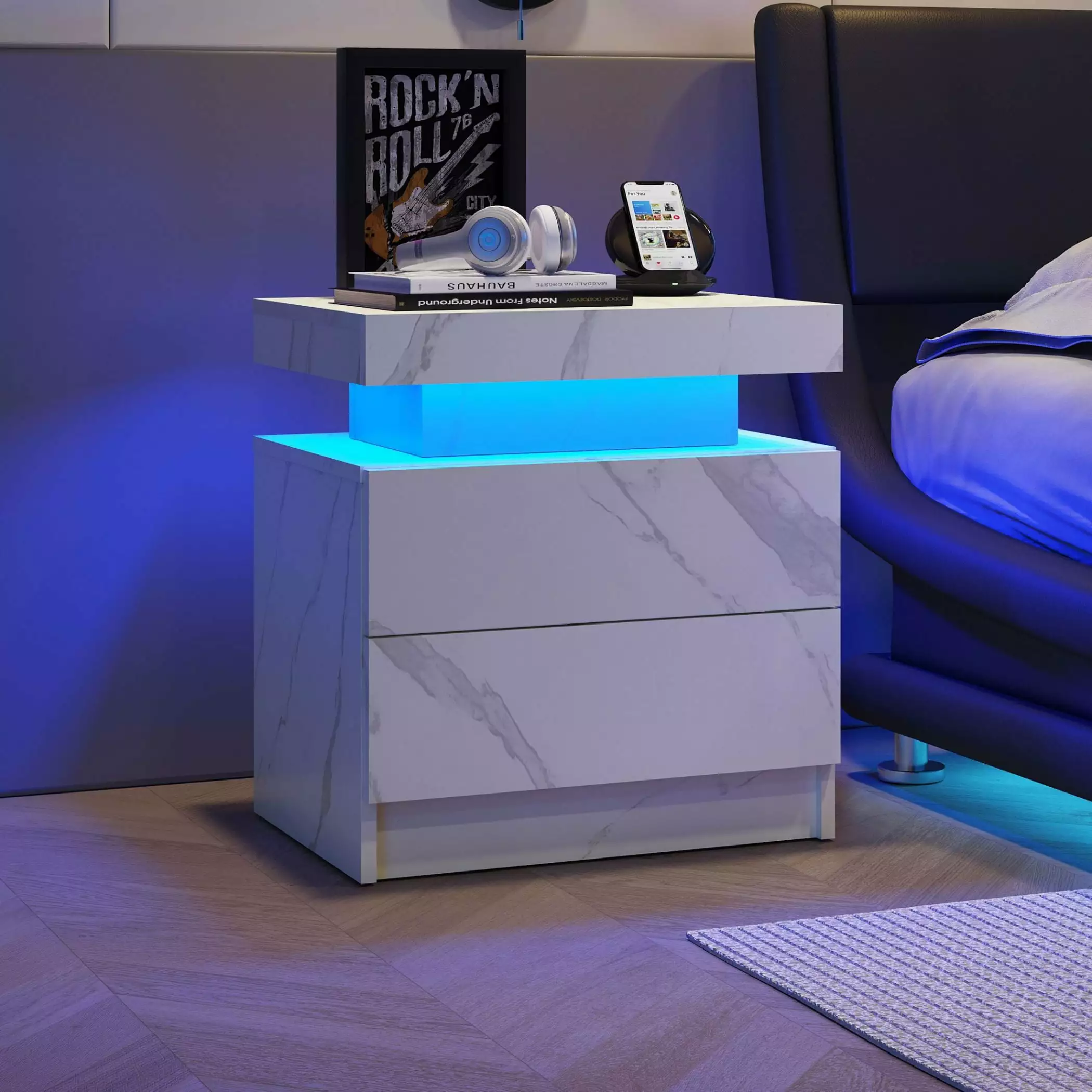 Modern Nightstand 2 Drawers PU Leather and Hardware Legs Beige Bedside Cabinet OMCCHK