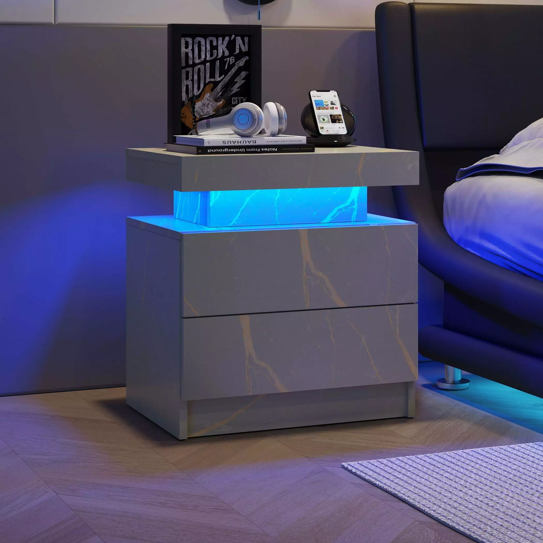 Modern Nightstand 2 Drawers PU Leather and Hardware Legs Blue-gray Bedside Cabinet OMCCHK