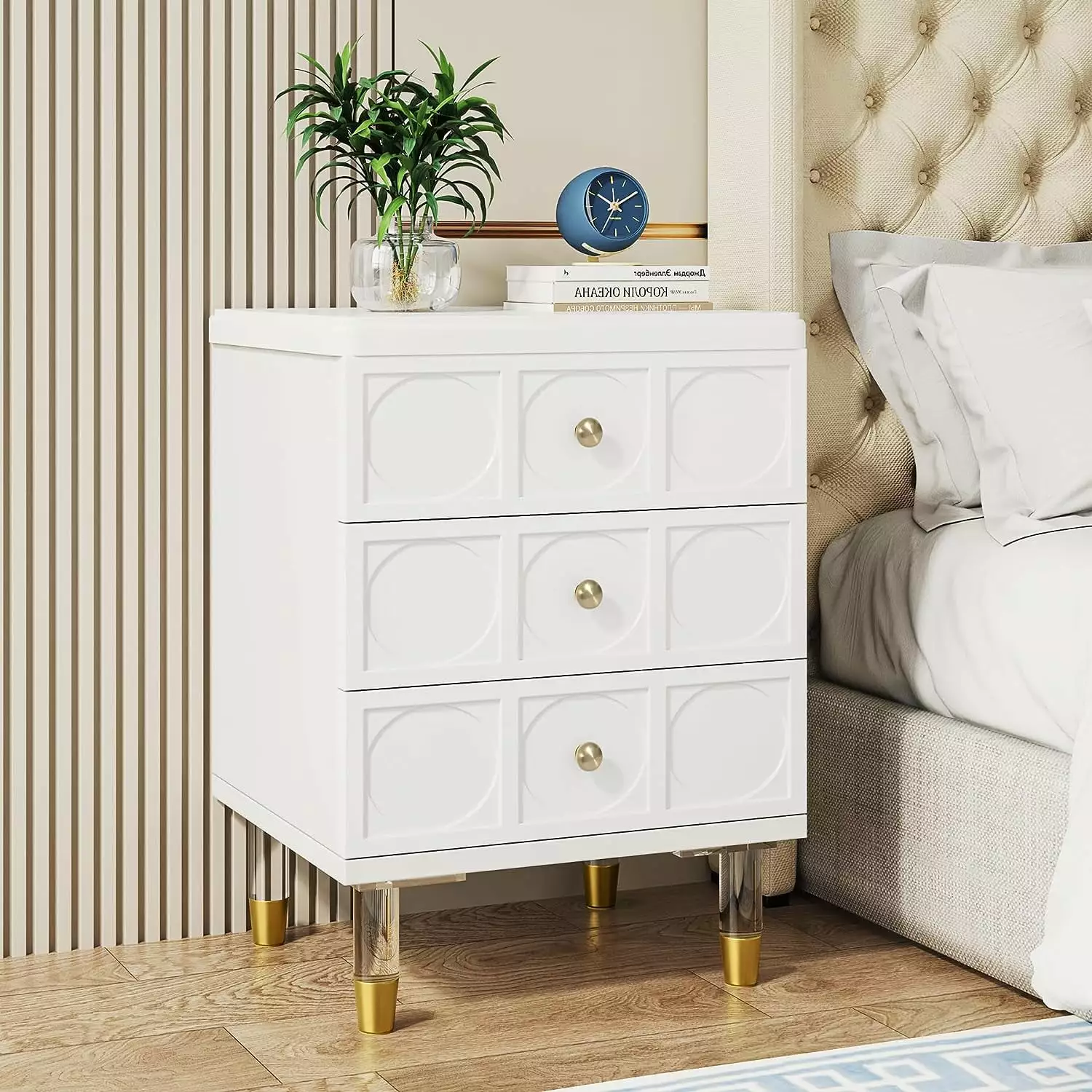 Tribesigns 3 Drawers Nightstand White Gold Bedside Table Bedroom Tall Night Stands Storage