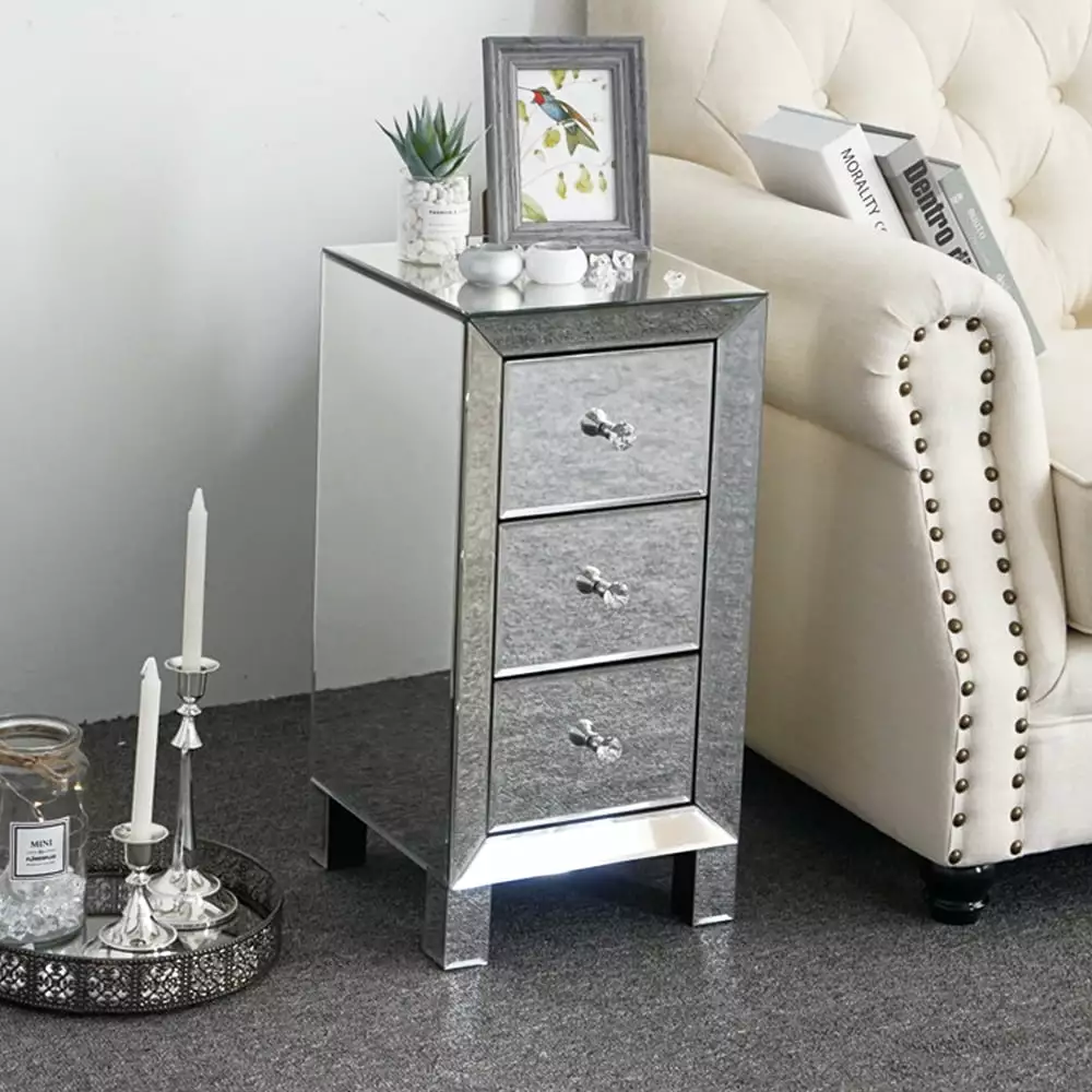 Veryke Modern Nightstand Table 3 Storage Drawers Mirrored Bedside Table Silver
