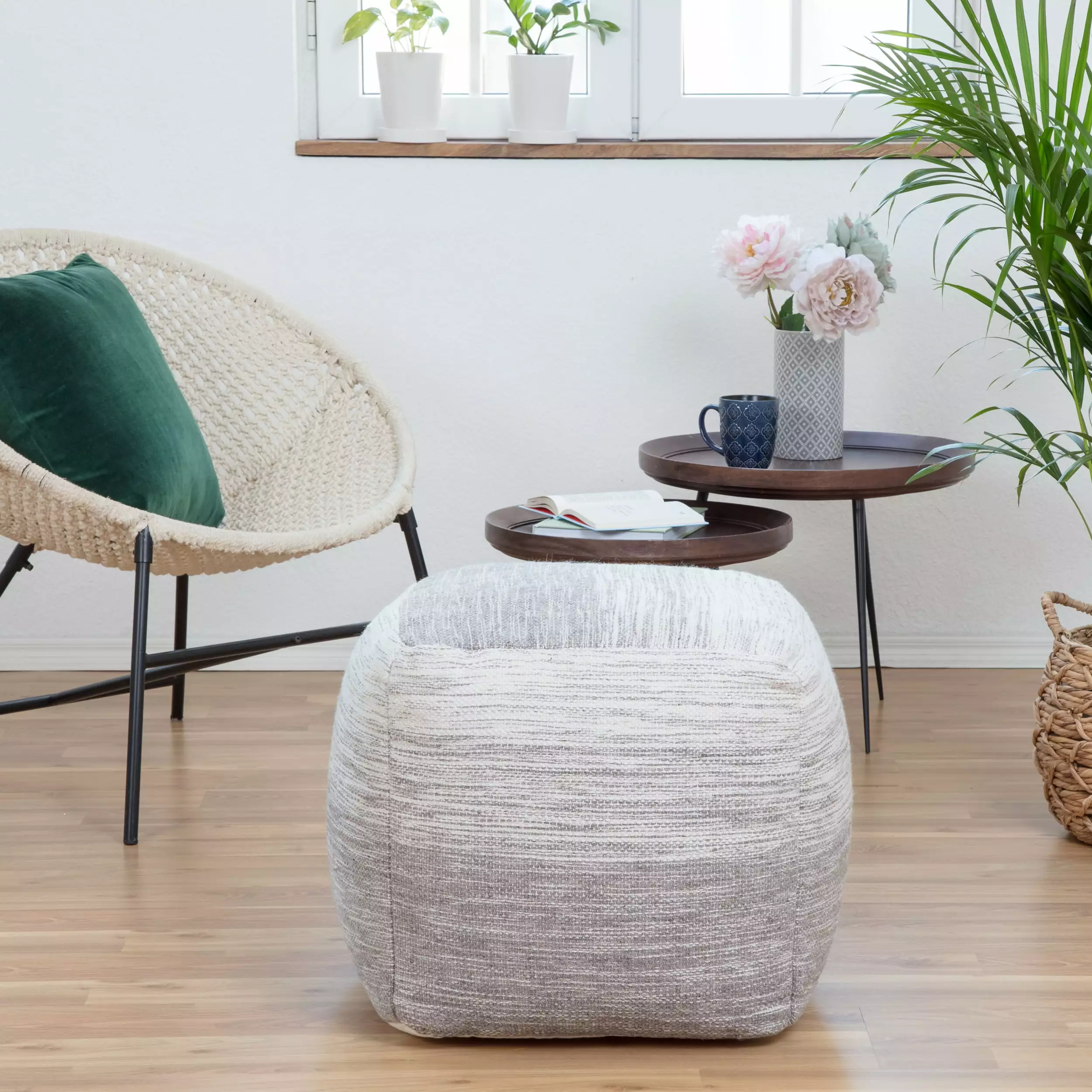 Halifax 20 x 20 x 20 Gray Ivory Pouf Modern Accent Footrest Living Room Bedroom Anji Mountain