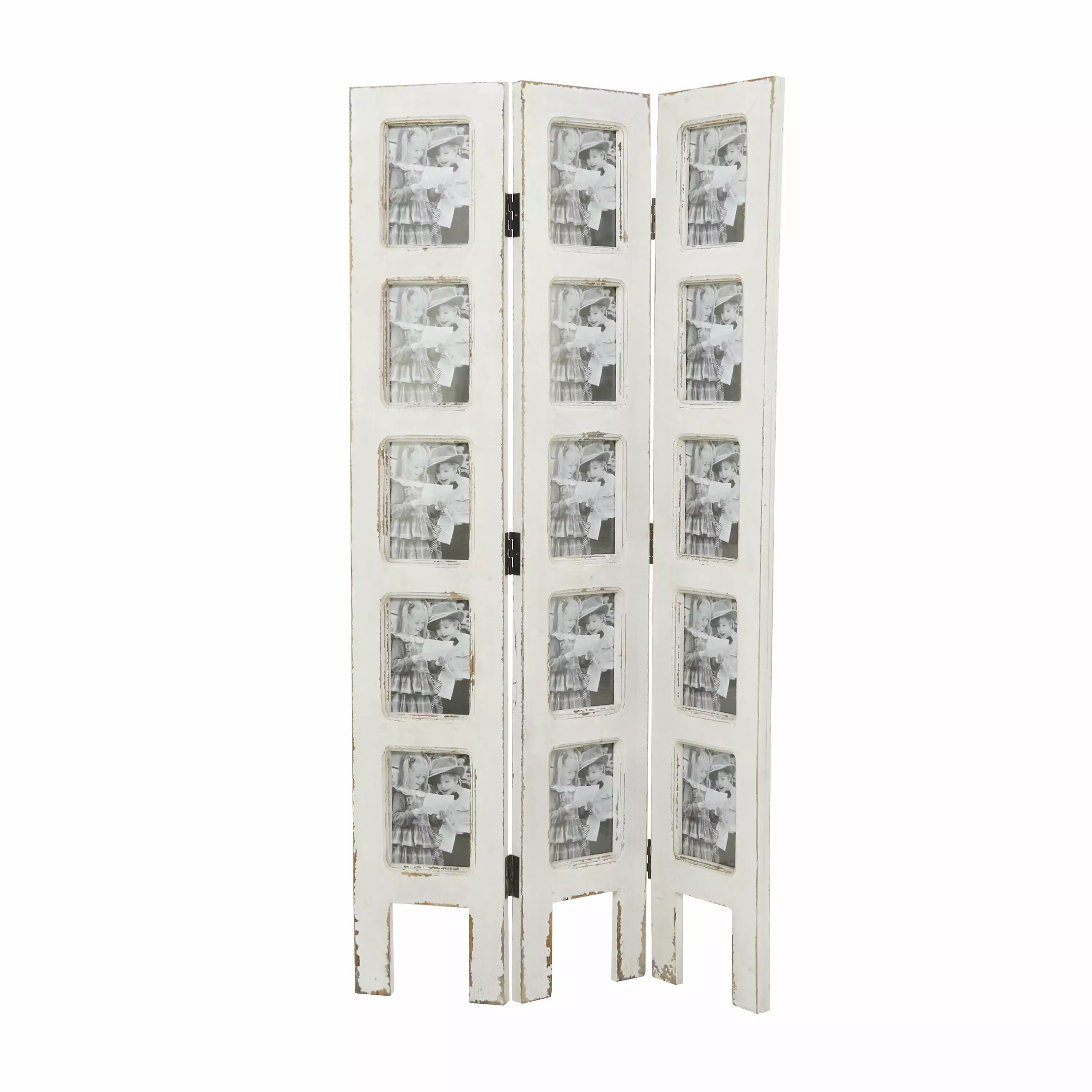 DecMode 27x51 White Wood Hinged Foldable Partition 3 Panel Room Divider 15 Photo Slots