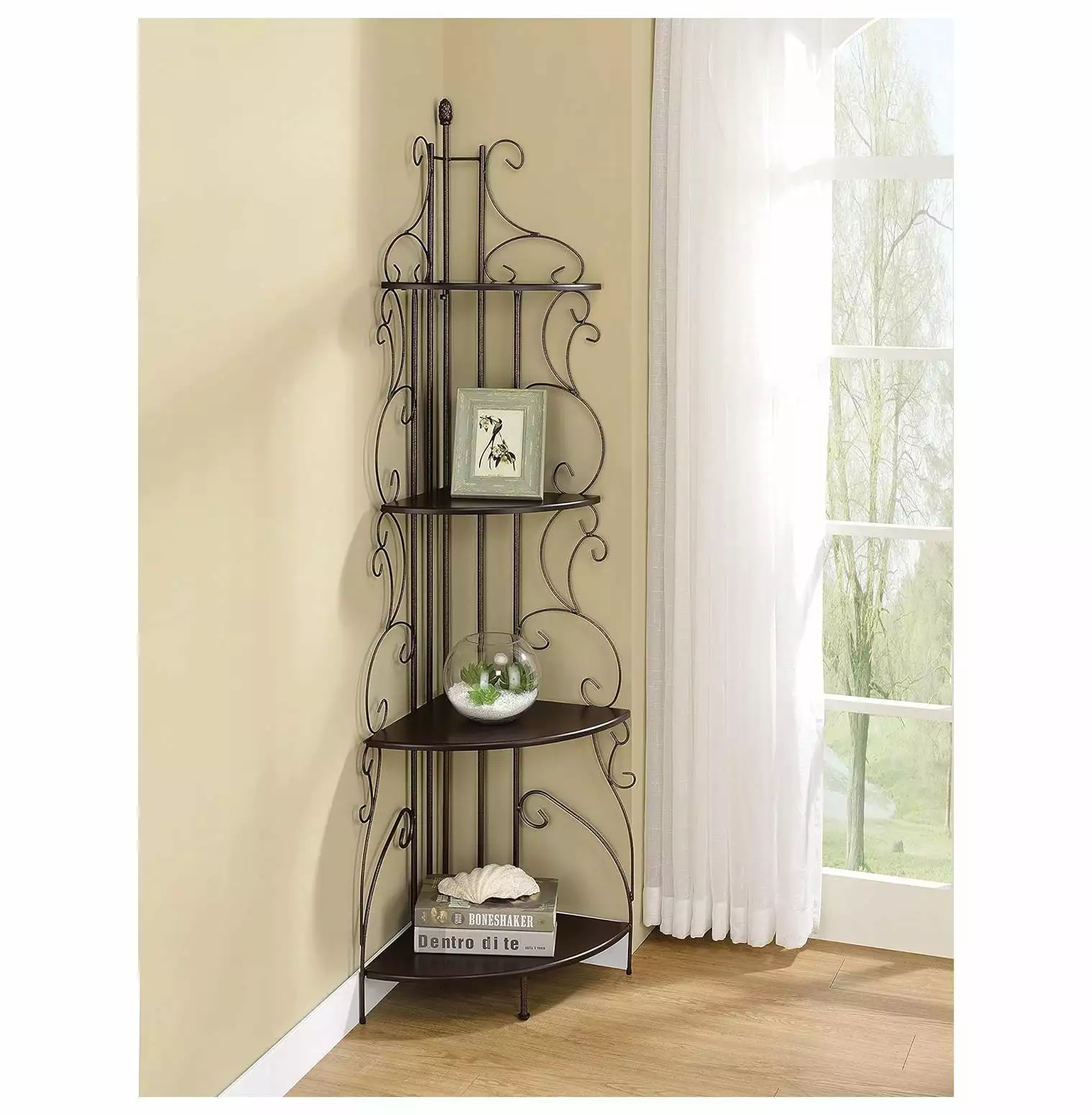 BULYAXIA 4-Shelf Cappuccino and Copper Corner Bookcase 16.5D x 23.5W x 74.5H Modern Shelf