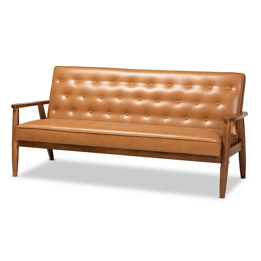 Sorrento Mid-Century Modern Tan Faux Leather Upholstered Wood Sofa Baxton Studio