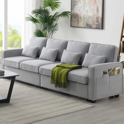Modern Linen Fabric Sofa Armrest Pockets and 4 Pillows Minimalist Style Couch JUHOO
