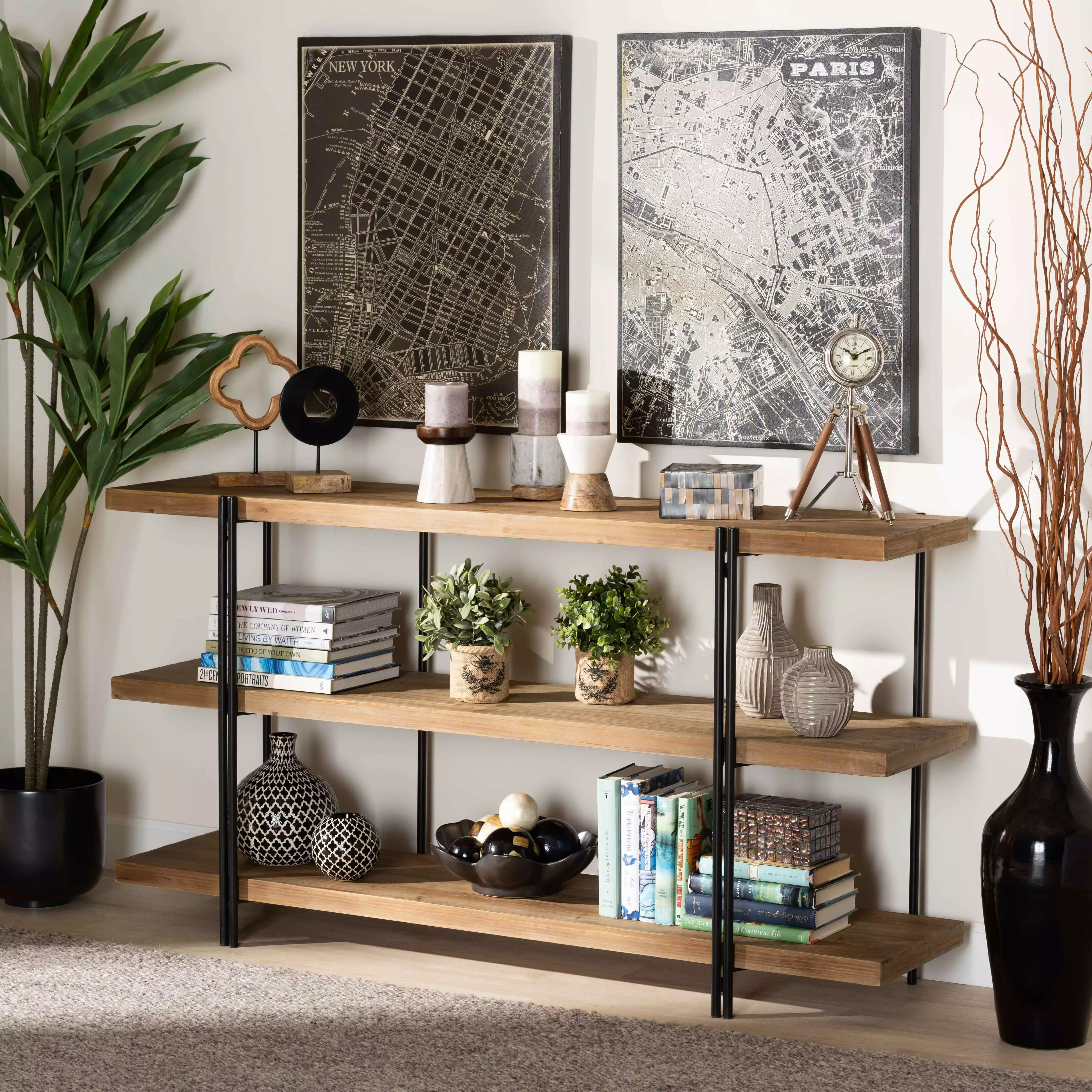 Baxton Studio Tarah Modern Metal Console Table Shelves Natural Brown and Black Finish Console