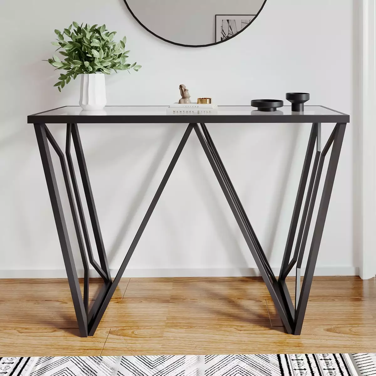 LuuLake Glass Console Table Modern Narrow Sofa Table Black Metal Frame Entryway Hallway Console Macluu