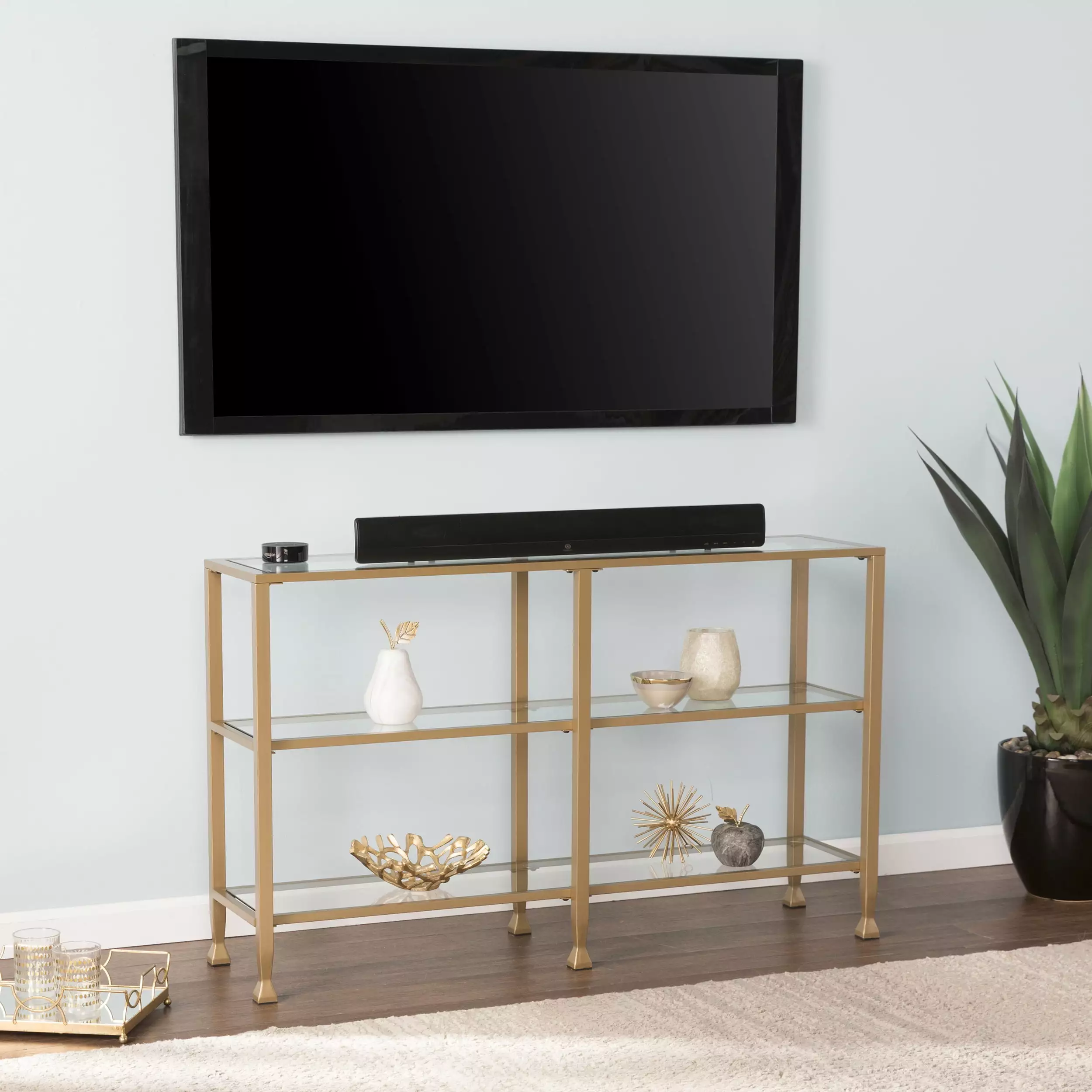 Southern Enterprises Jumpluff Gold Metal and Glass Console Table Console SEI Furniture
