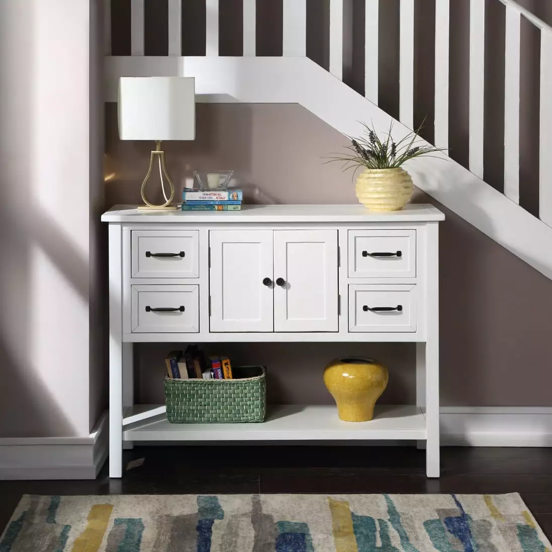 Sportaza 43 Inch Modern Console Table Living Room 4 Drawers 1 Cabinet and 1 Shelf Console