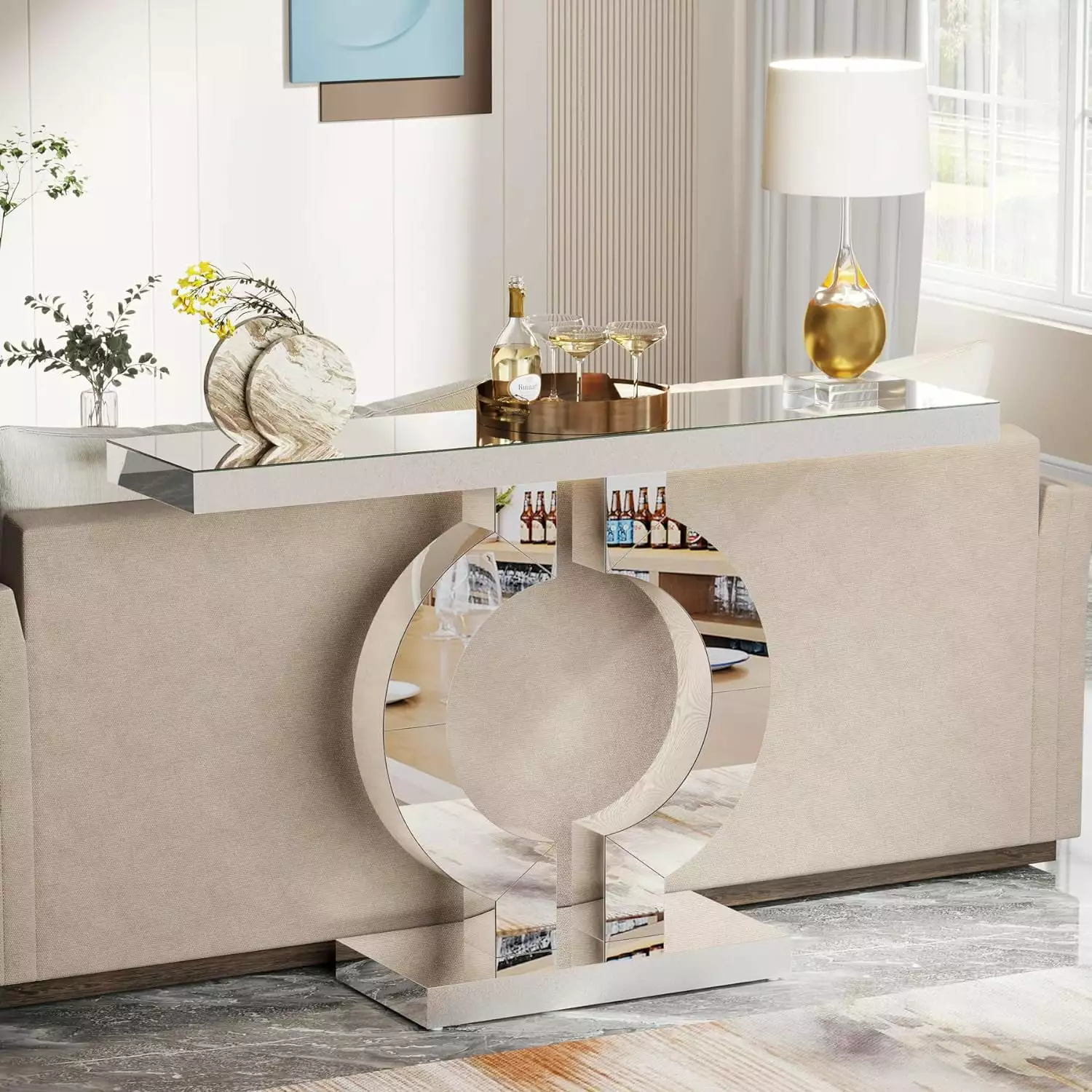 Tribesigns 43-Inch Mirrored Console Table Modern Silver Entryway Table O-Shaped Base Console