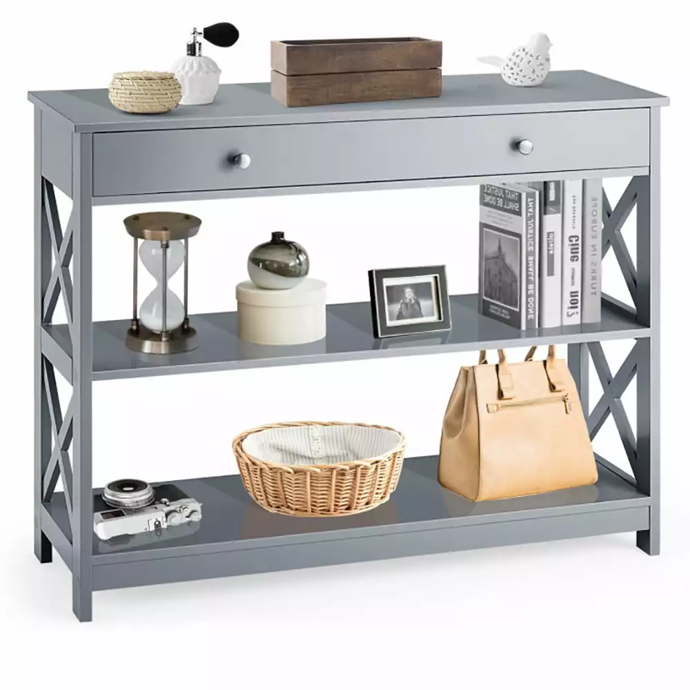 YYAo Gray 3-Tier Console Table - Entryway Table Drawer and Storage Shelves Console