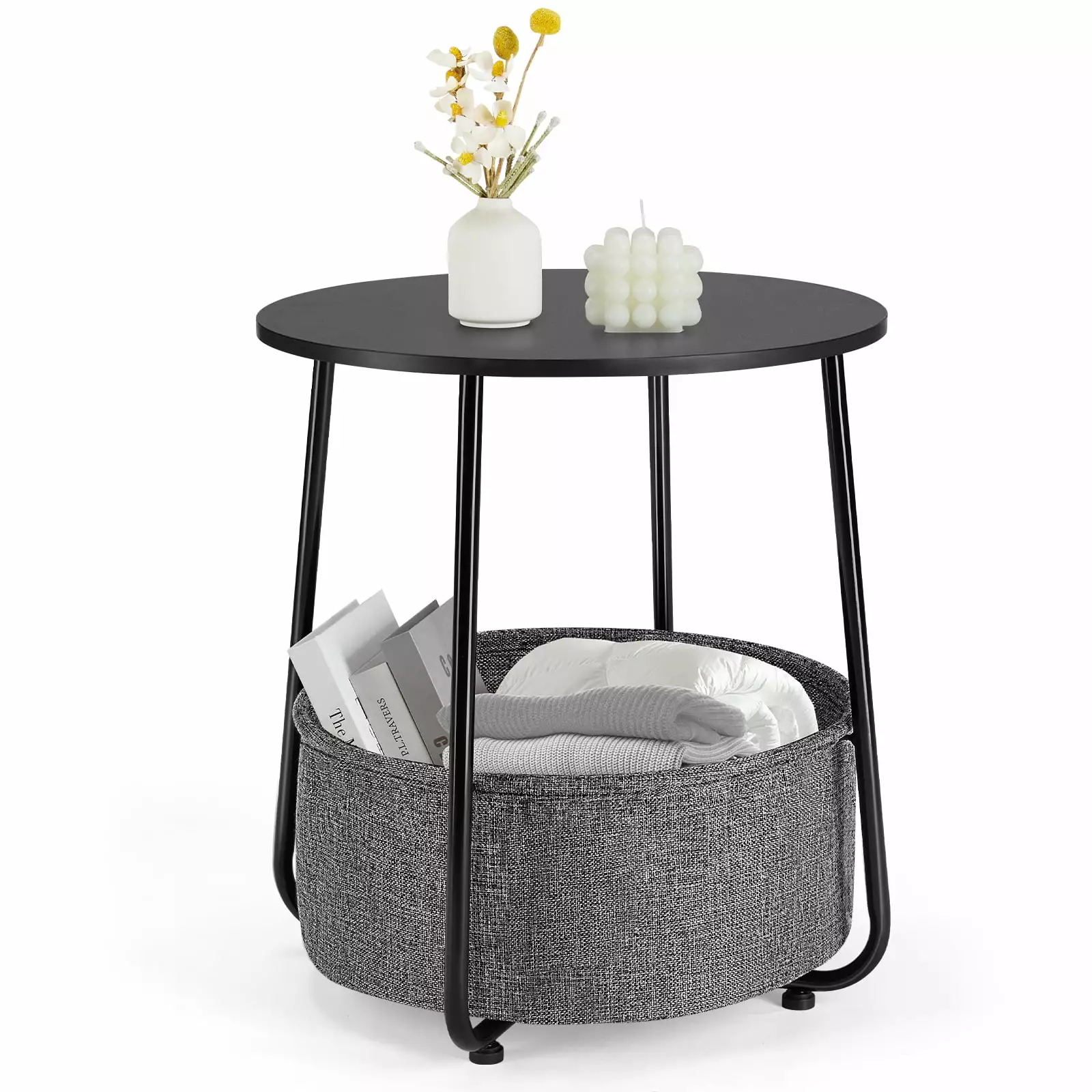 DeeHome Small Round Side End Table - Modern Black & Grey Nightstand Fabric Bin Bedroom Nursery