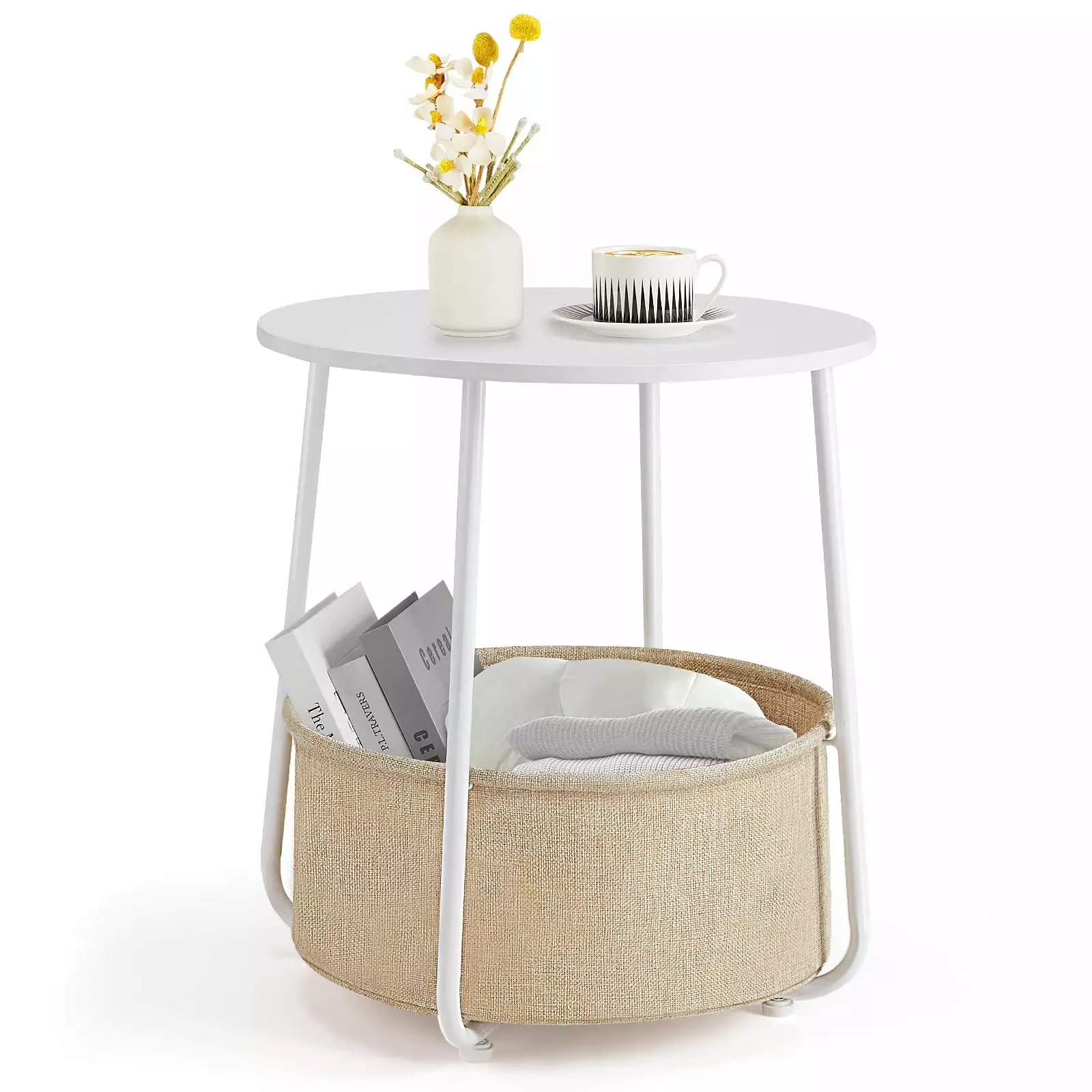 DeeHome Small Round Side End Table - Modern White & Beige Nightstand Fabric Bin Bedroom Nursery