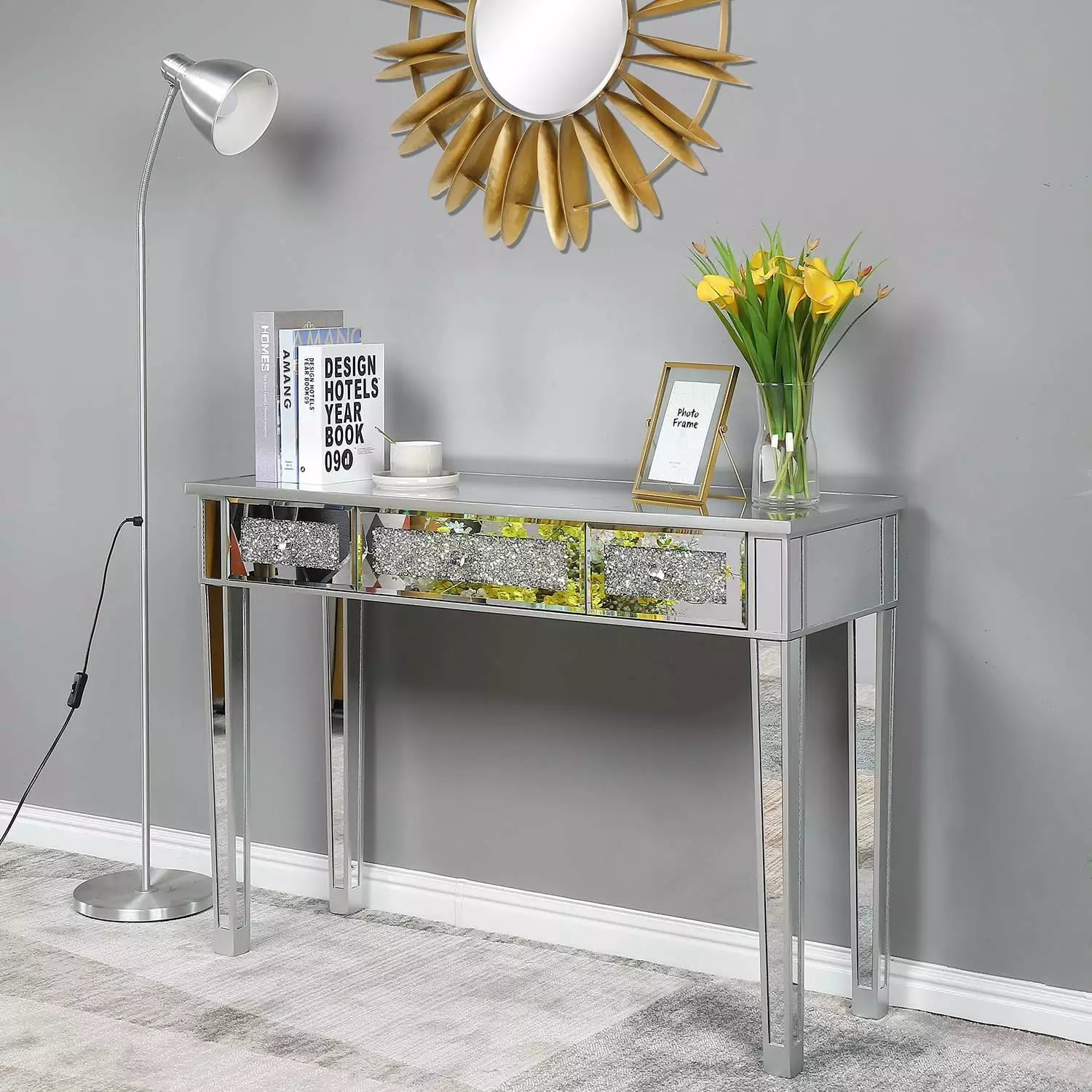 Zimtown Mirrored Surface Entry Console Table Broken Glass Drawer Hallway Console FCH