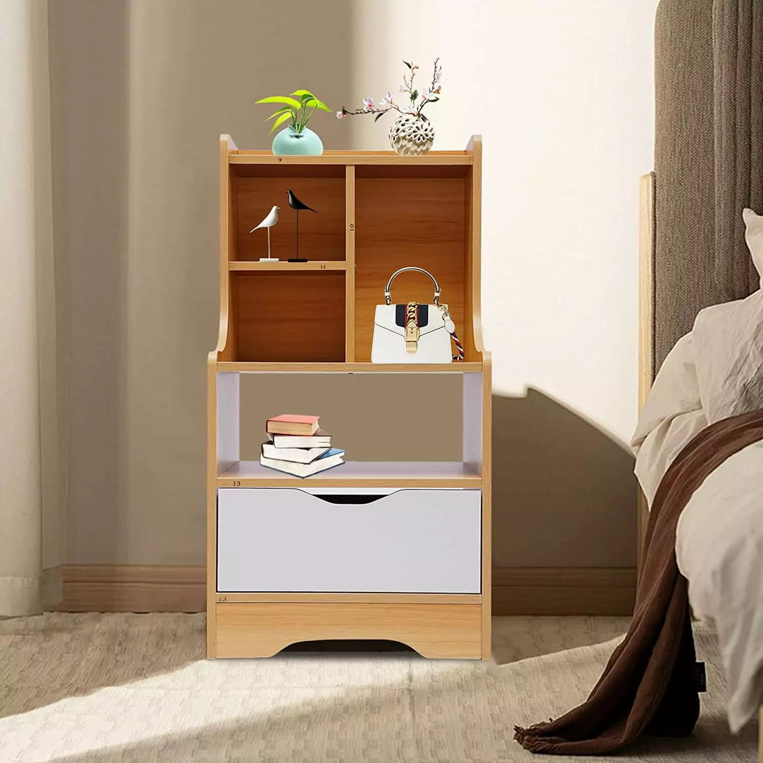 FETCOI Modern Nightstand - Wood End Table Storage Shelf and Drawer Bedside Furniture