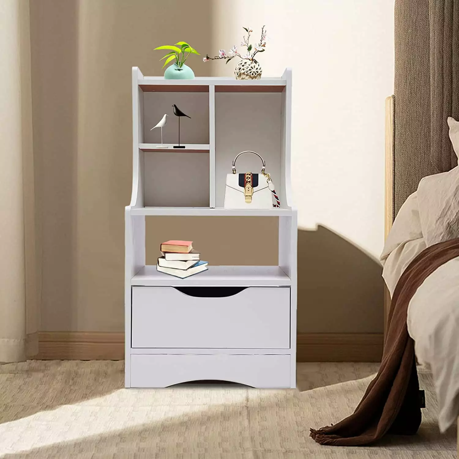 FETCOI Modern Wood Drawer Nightstand - Bedside End Table Storage Shelf Cabinet