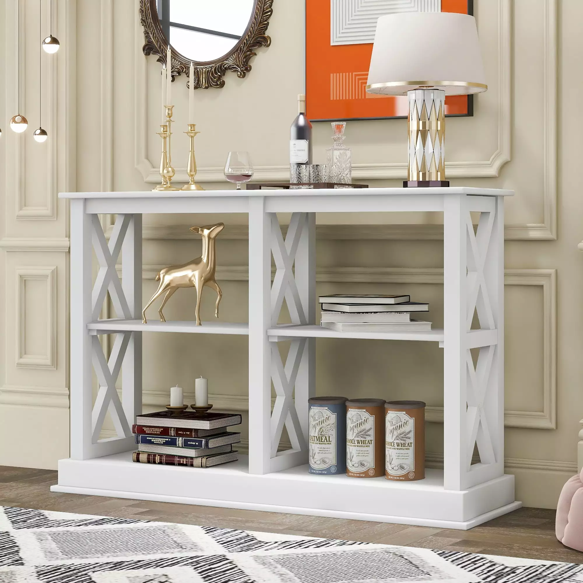 Homiyad Console Table 3-Tier Open Storage and X Legs White Console