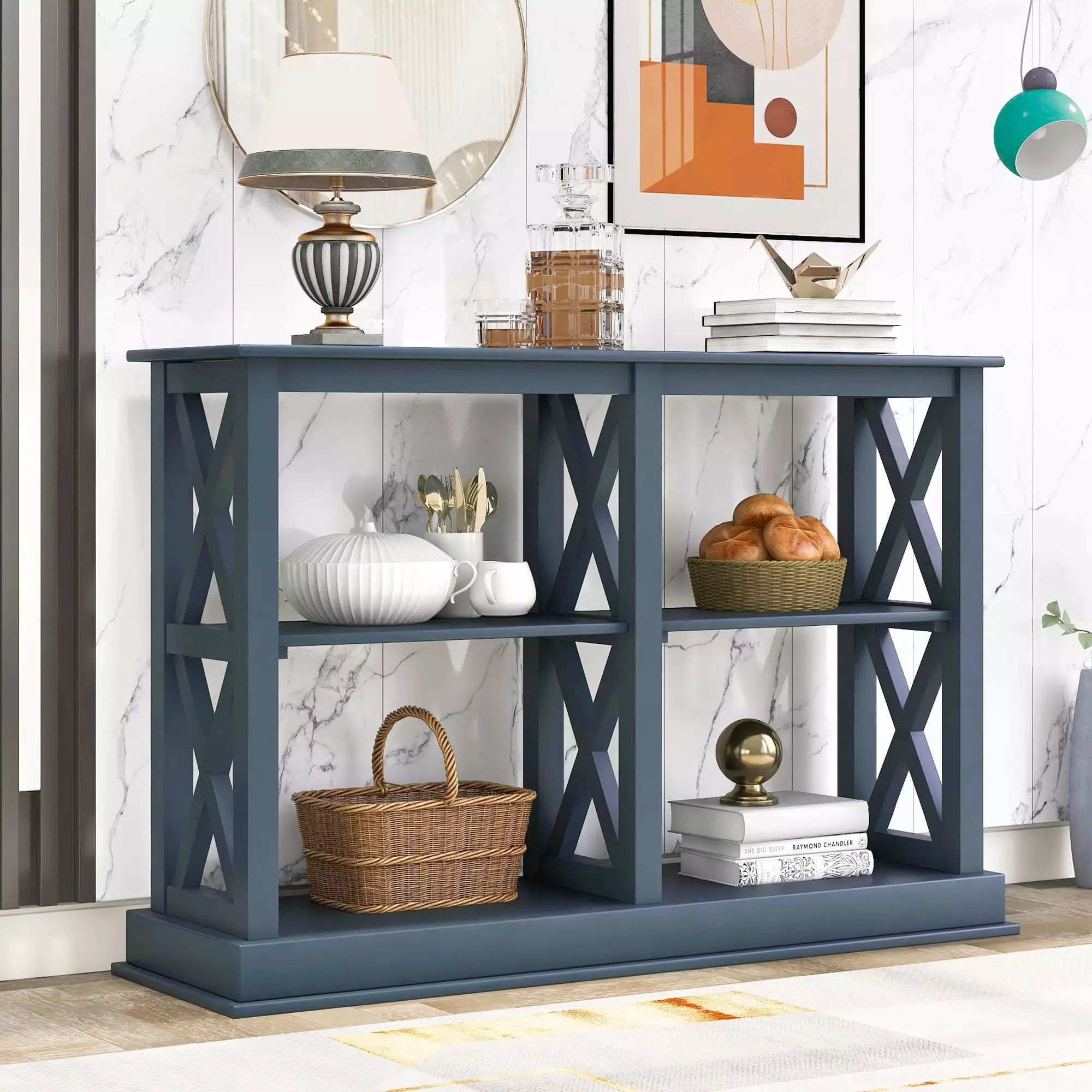 Homiyad Console Table 3-Tier Open Storage and X Legs Navy Blue Console