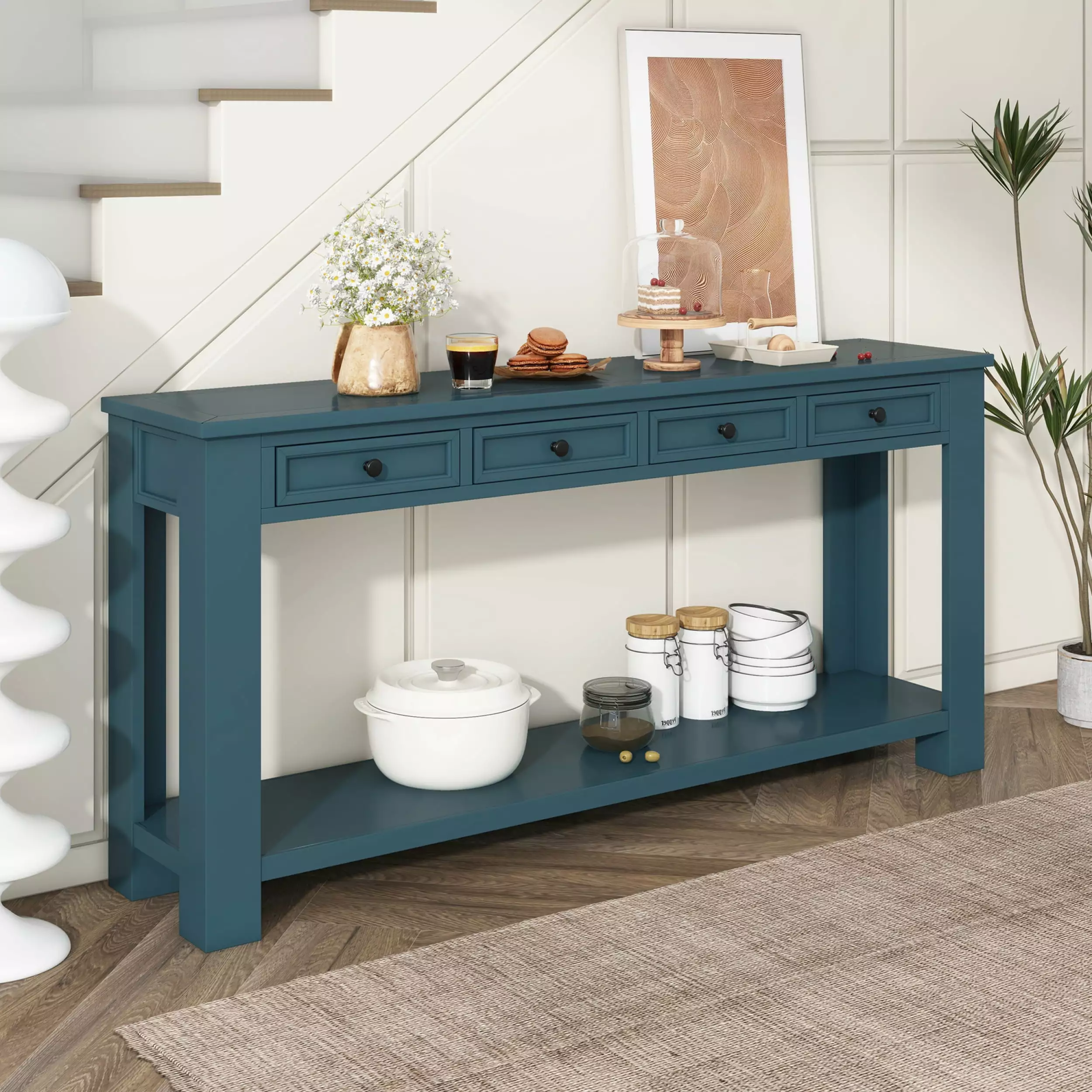 Dark Blue Console Table Storage Drawers and Bottom Shelf Hallway Console Miekor