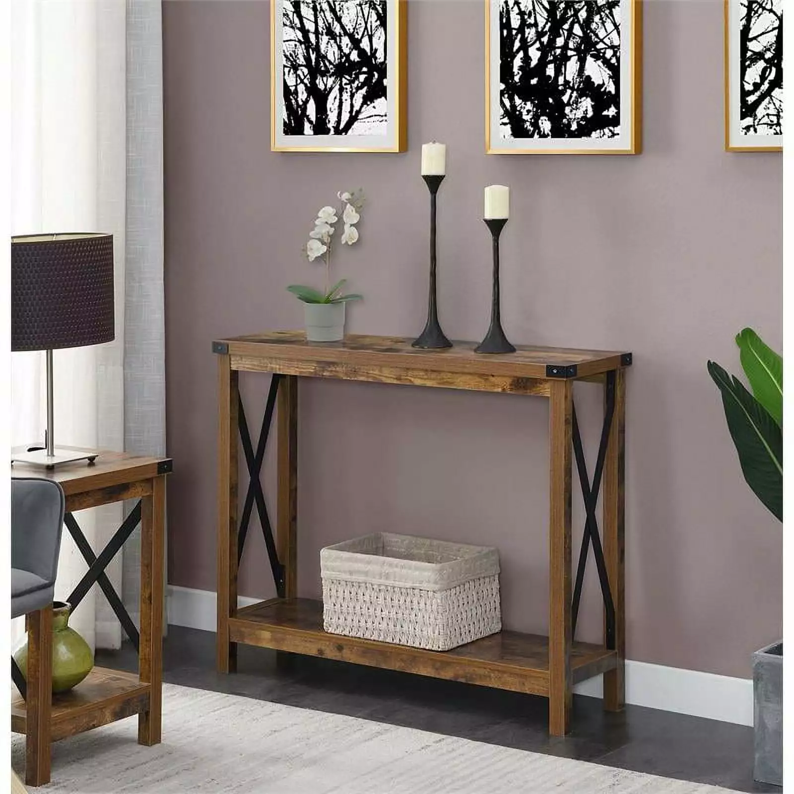 Pemberly Row Modern Console Table Nutmeg Wood Finish Black Metal Frame Console