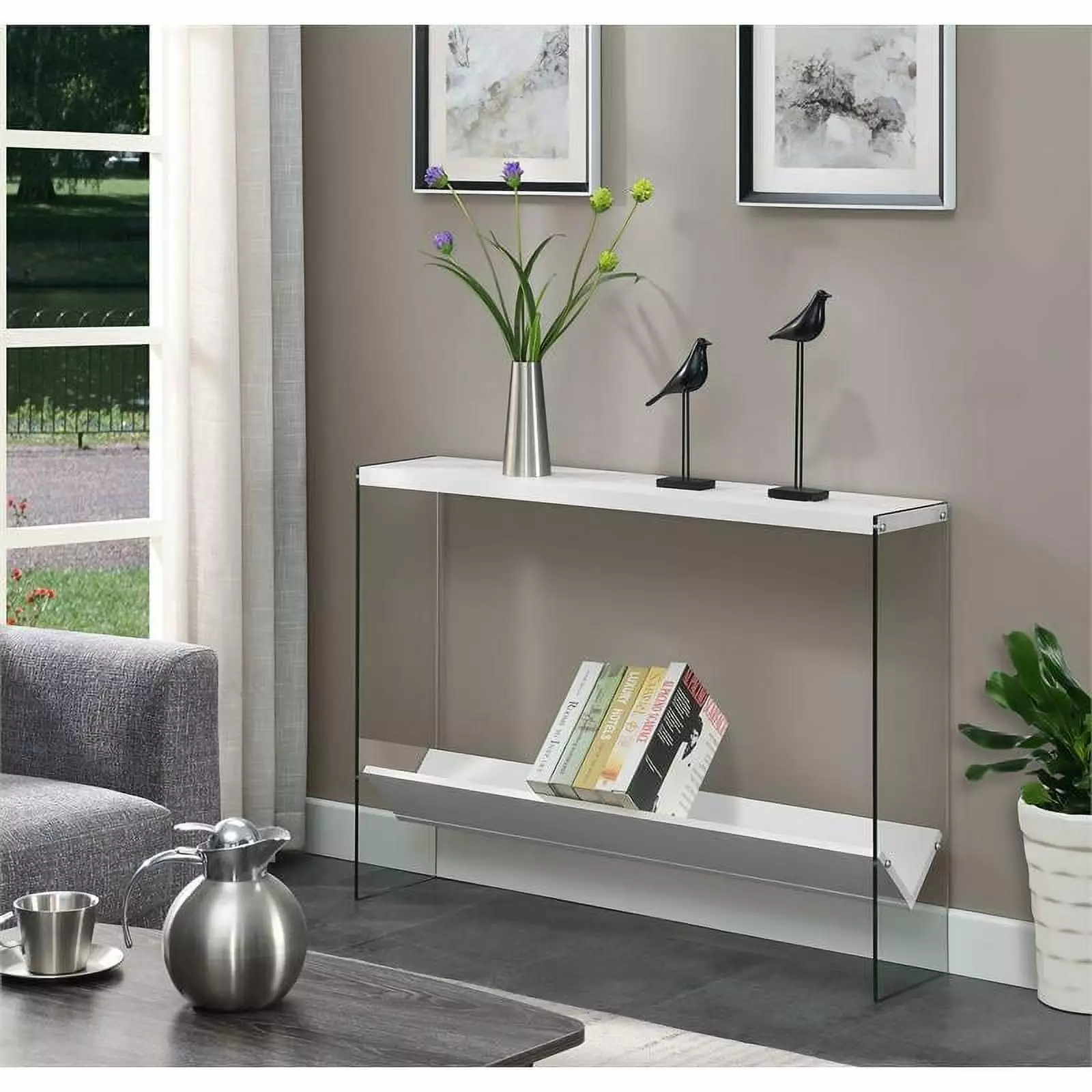 Pemberly Row Modern V Console Table Shelf White Wood Finish Entryway Console