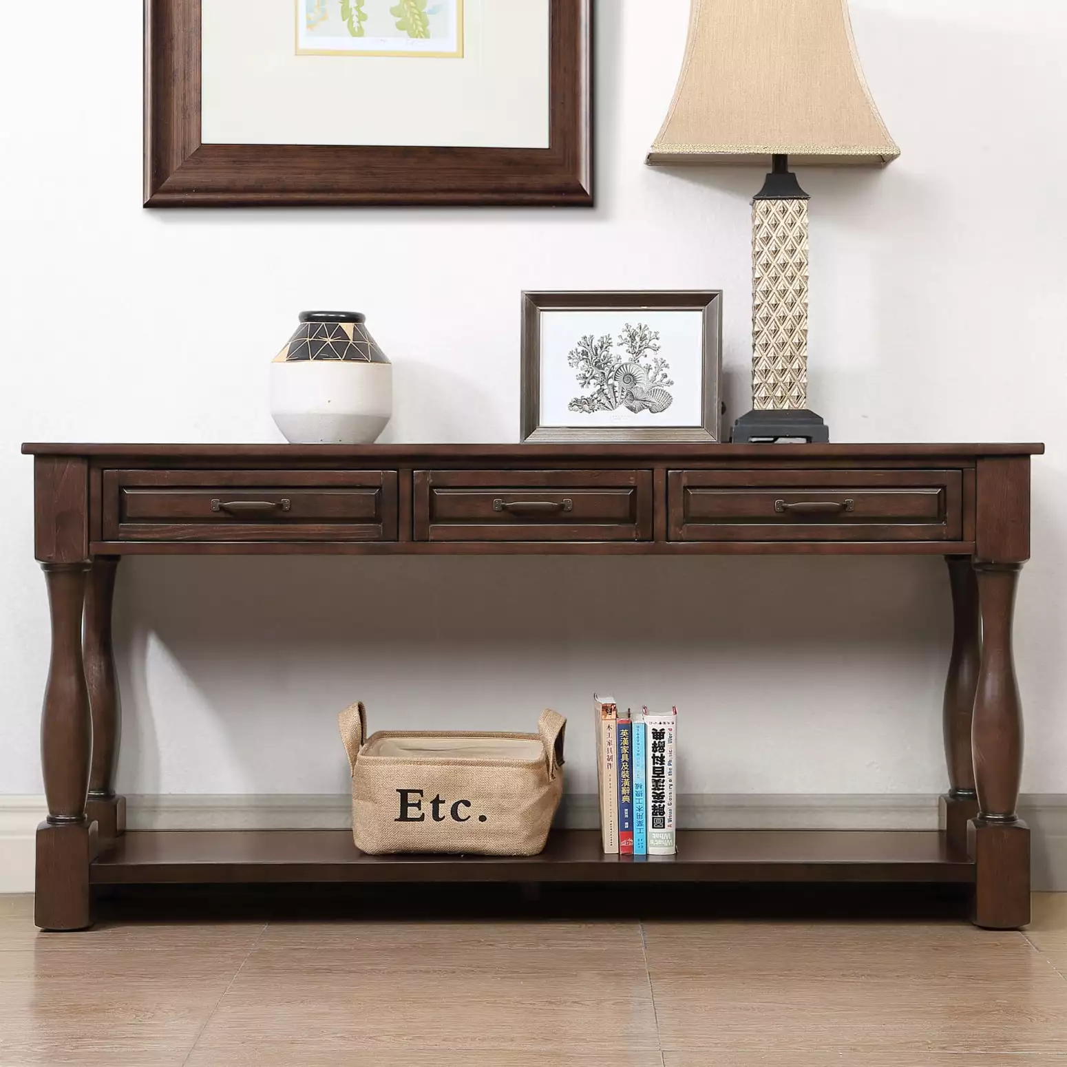 Modern Light Espresso Wood Console Table 63-inch Long 3 Drawers and Bottom Shelf Console Wodine