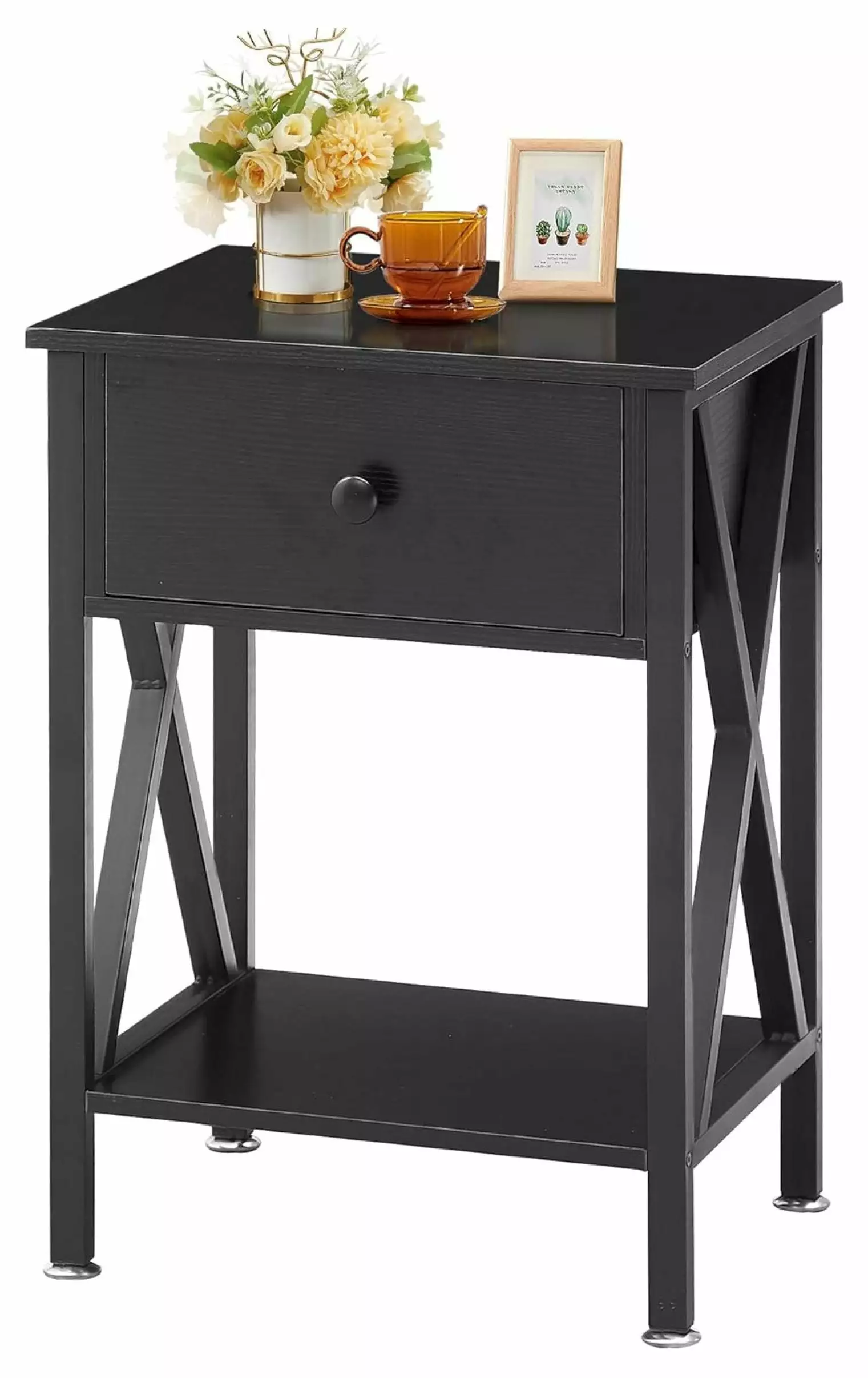 ZAWkirJ Modern Side End Table - Black Nightstand Storage Shelf and Bin Drawer Bedroom Lounge