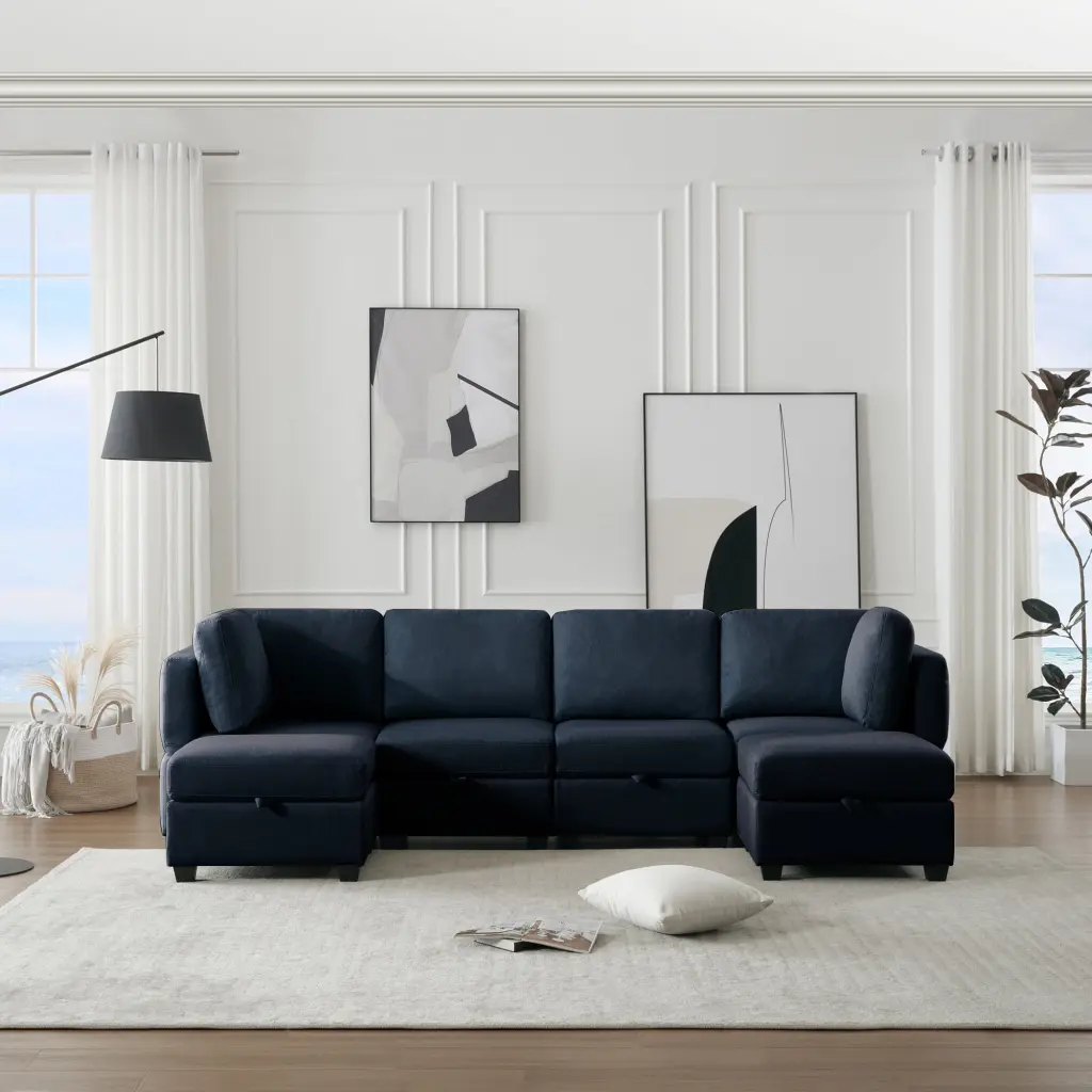 DeeHome Adjustable Arms Backs Modern U-Shape Linen Modular Sectional Sofa Storage Seat Blue