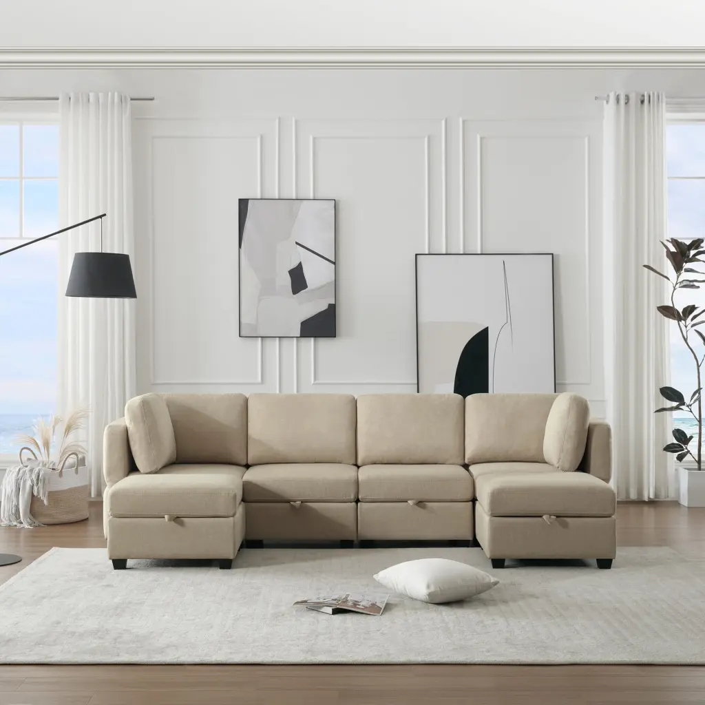 DeeHome Adjustable Arms Backs Modern U-Shape Linen Modular Sectional Sofa Storage Seat Beige
