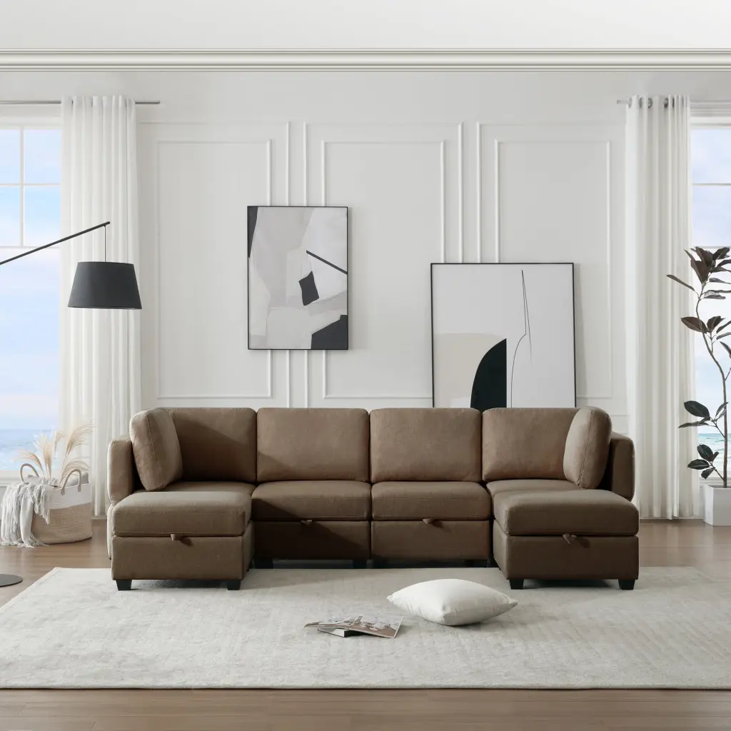 DeeHome Adjustable Arms Backs Modern U-Shape Linen Modular Sectional Sofa Storage Seat Brown