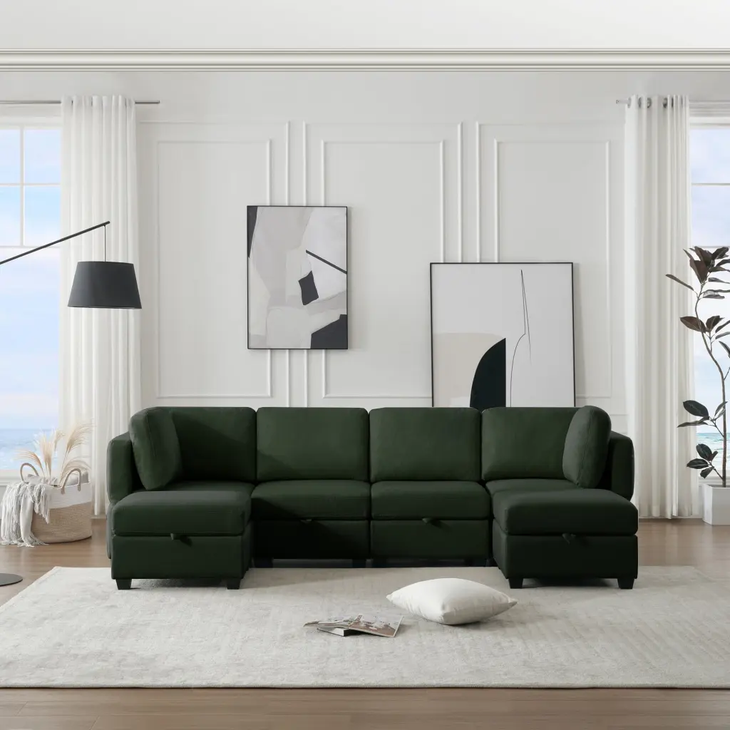 DeeHome Adjustable Arms Backs Modern U-Shape Linen Modular Sectional Sofa Storage Seat Green