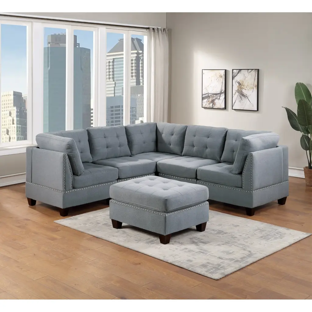 Miekor Furniture Modular Sectional 6pc Set Corner Sectional Tufted Nail Heads Couch Gray Linen Fabric 3 Corner Wedges 2 Ar...