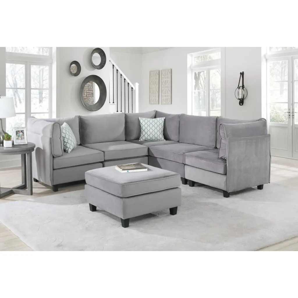 Miekor Furniture Zelmira 90 Gray Velvet 6 Piece Modular Sectional Sofa W5U215