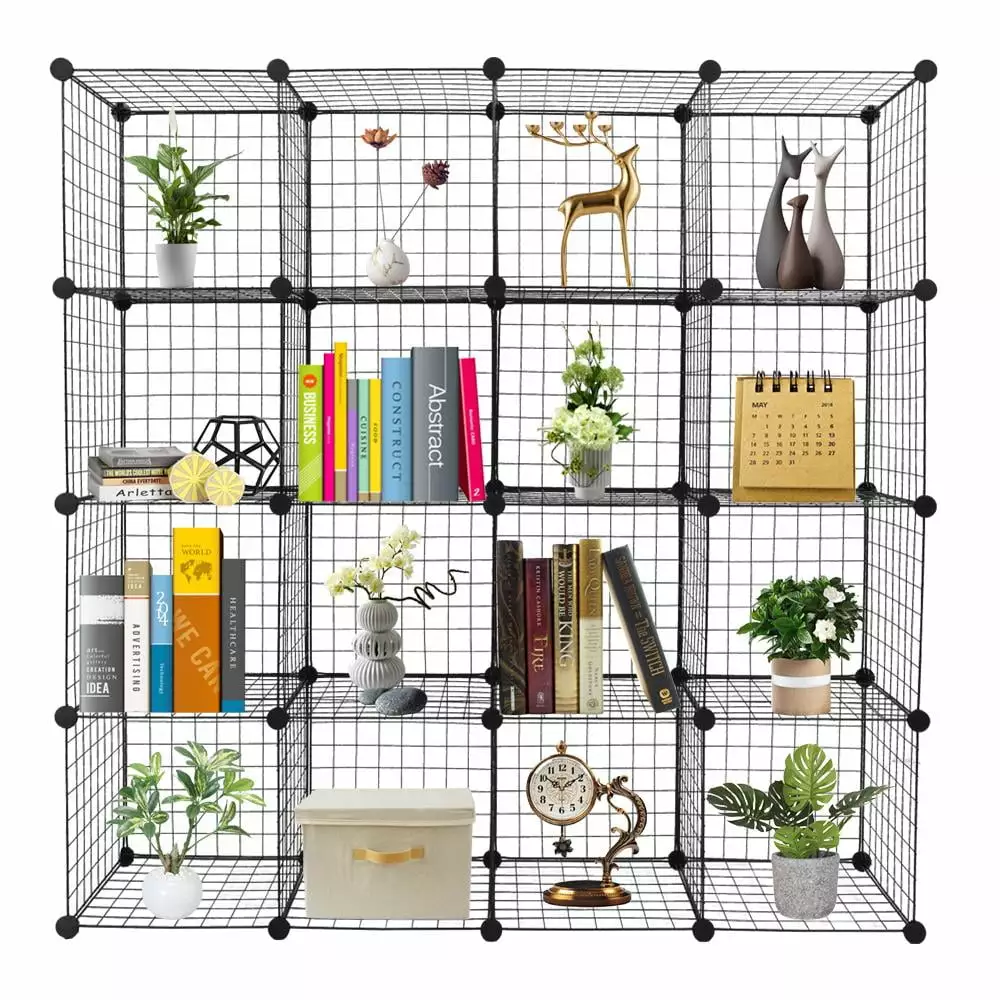 EasingRoom 16-Cube Stackable DIY Wire Grid Bookcase Display Rack Black
