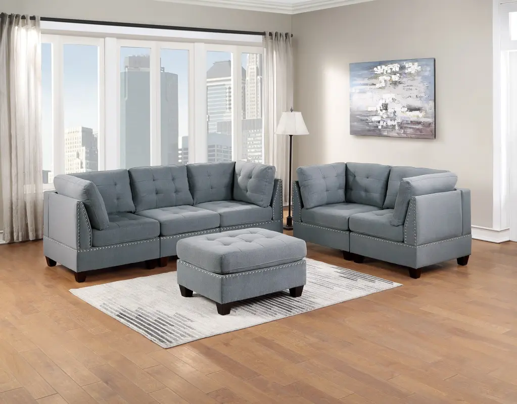 Modular Sofa Set 6Pc Set - Gray Linen Like Fabric Tufted Couch, Nail Heads, Corner Wedge, Armless Chair, and Ottoman CNCJ