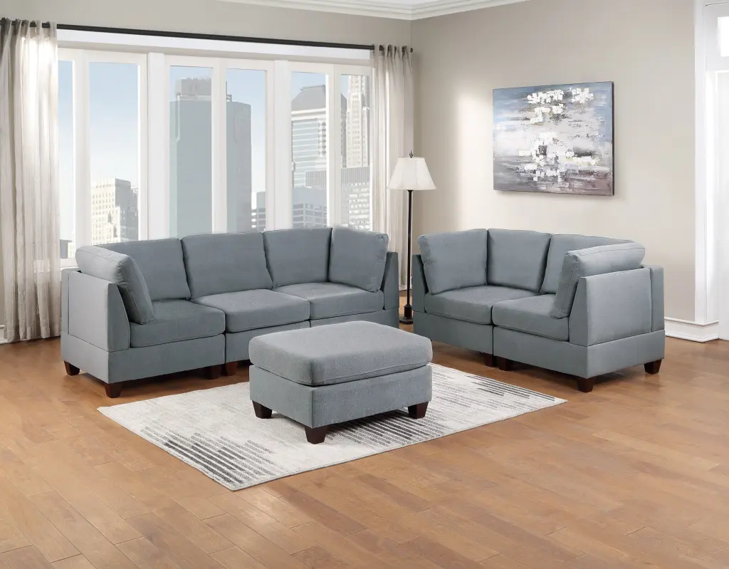 Modular Sofa Set 6pc Set - Grey Linen Fabric Living Room Furniture Corner Wedge, Armless Chair, and Ottoman CNCJ