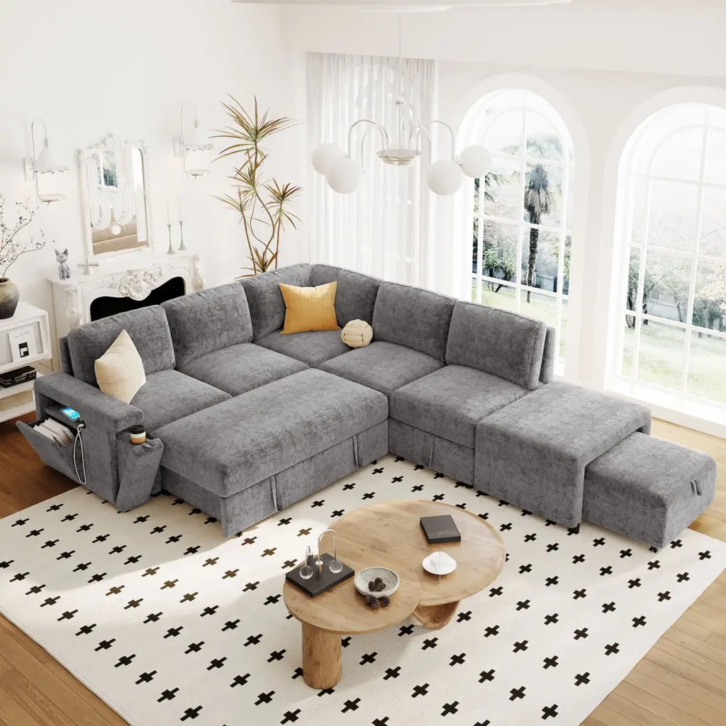 Miekor Furniture L-shaped Padded Modular Sofa Storage Space, USB Ports, and Cup Holders - Ideal Apartments and Offices