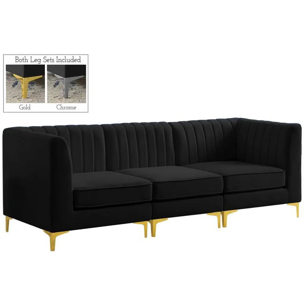 Pemberly Row Modern Black Velvet Modular Sofa Contemporary Living Room