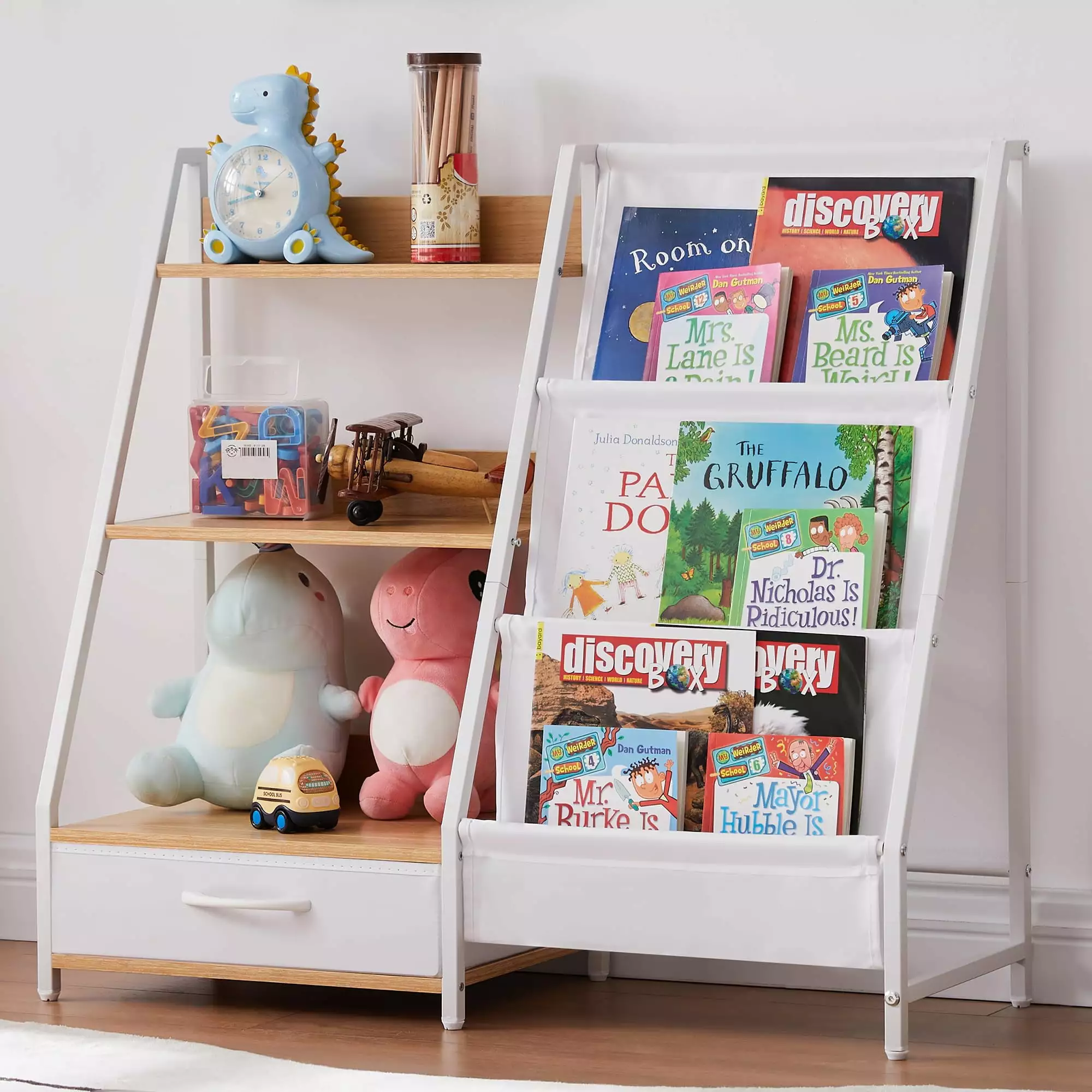 3 Tier Kids Bookshelf and Toy Organizer - Montessori Bookcase Kids Rooms, Bedroom, Playroom, and Nursery Natural Wood BXKX